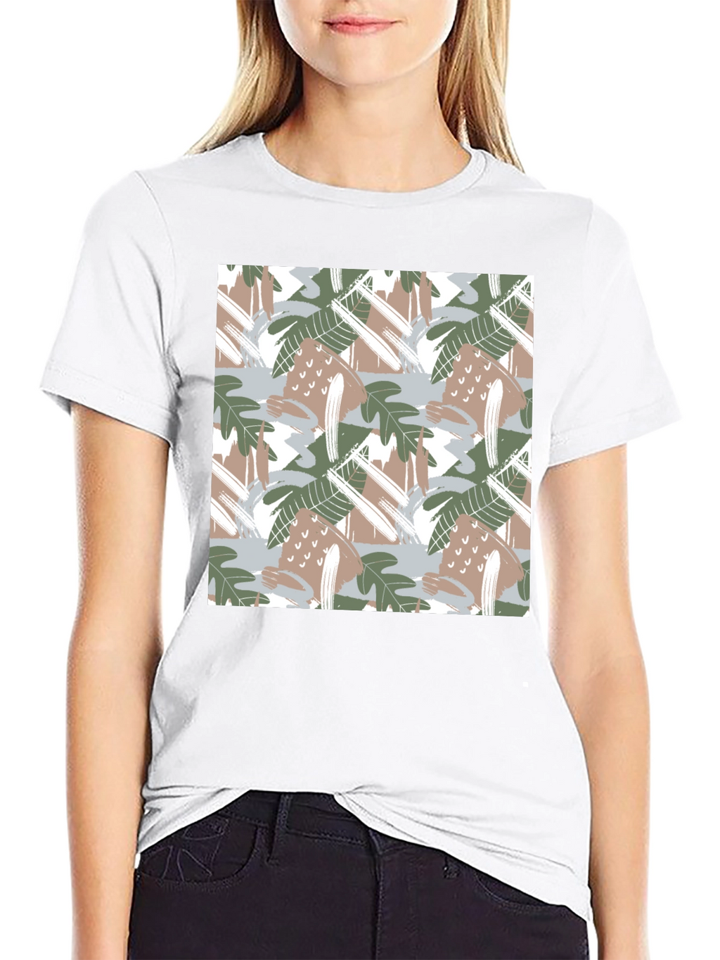 Trendy Abstract Leaf Print Black T-Shirt