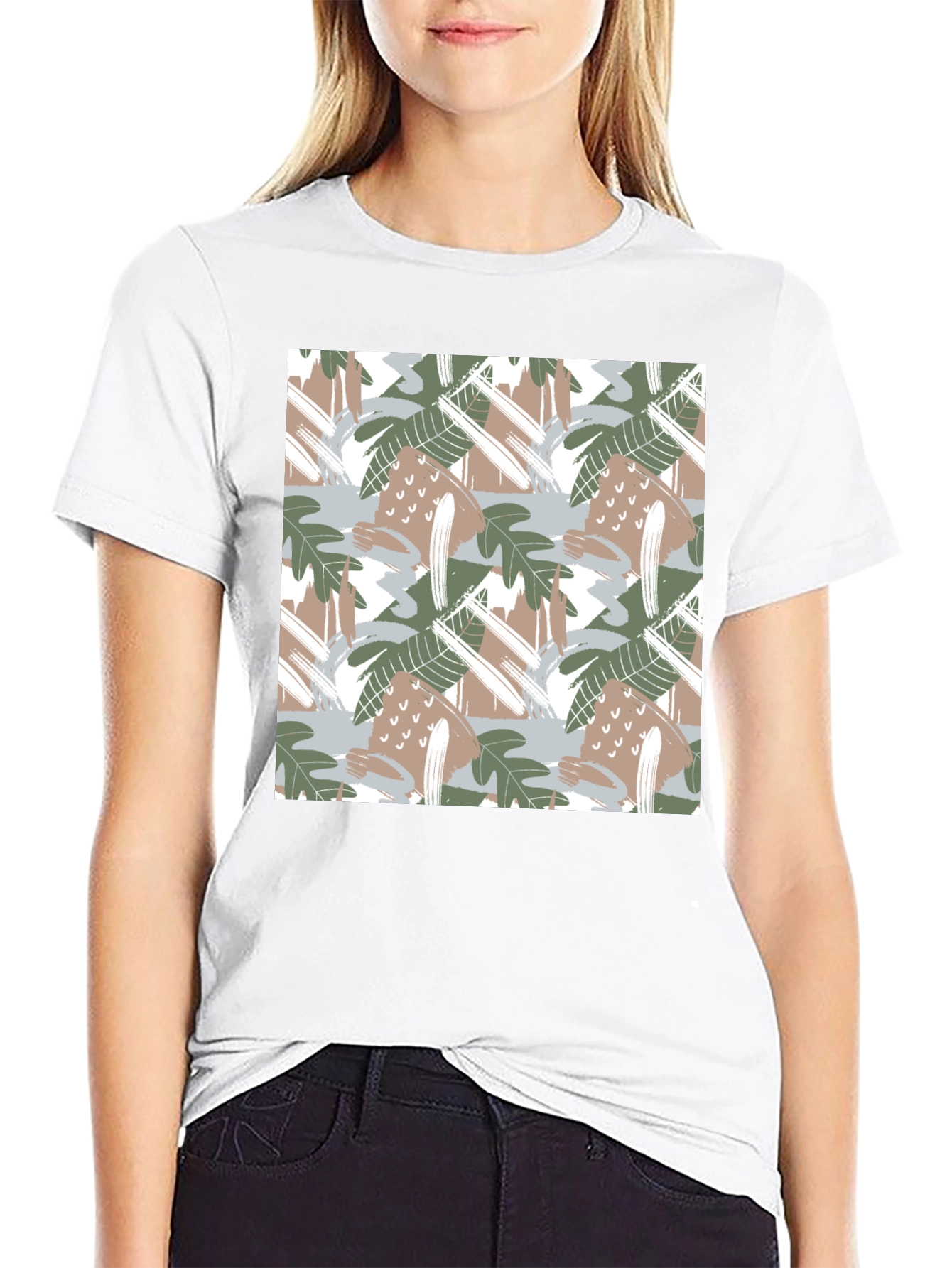 Trendy Abstract Leaf Print Black T-Shirt