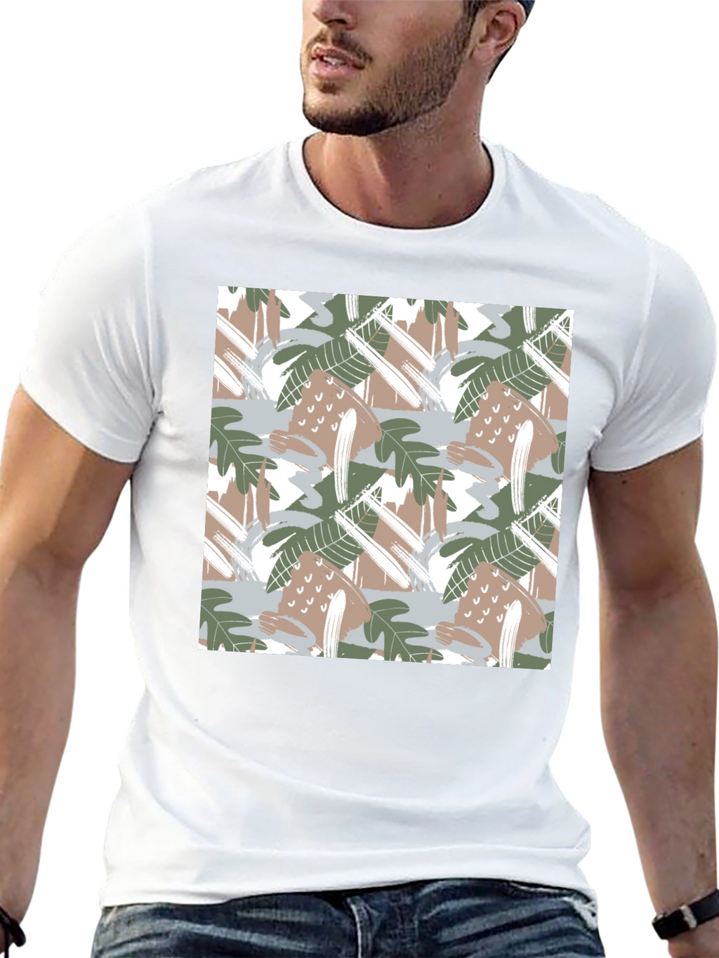Trendy Abstract Leaf Print Black T-Shirt