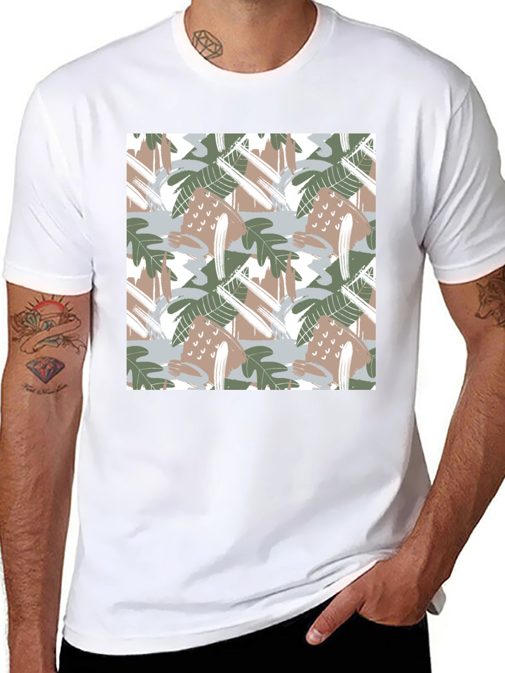 Trendy Abstract Leaf Print Black T-Shirt
