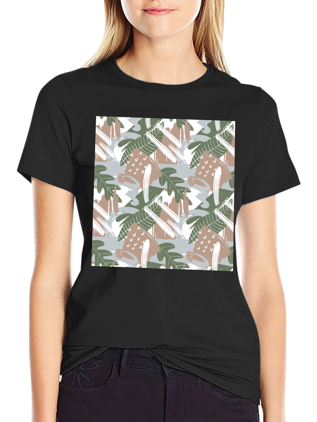 Trendy Abstract Leaf Print Black T-Shirt