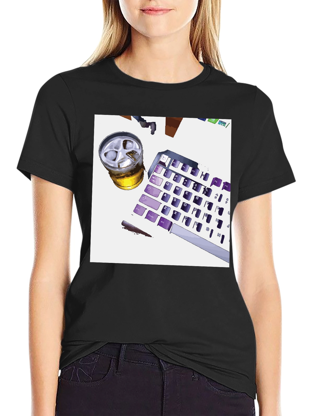 Novelty Keyboard & Drink Graphic Tee - Black