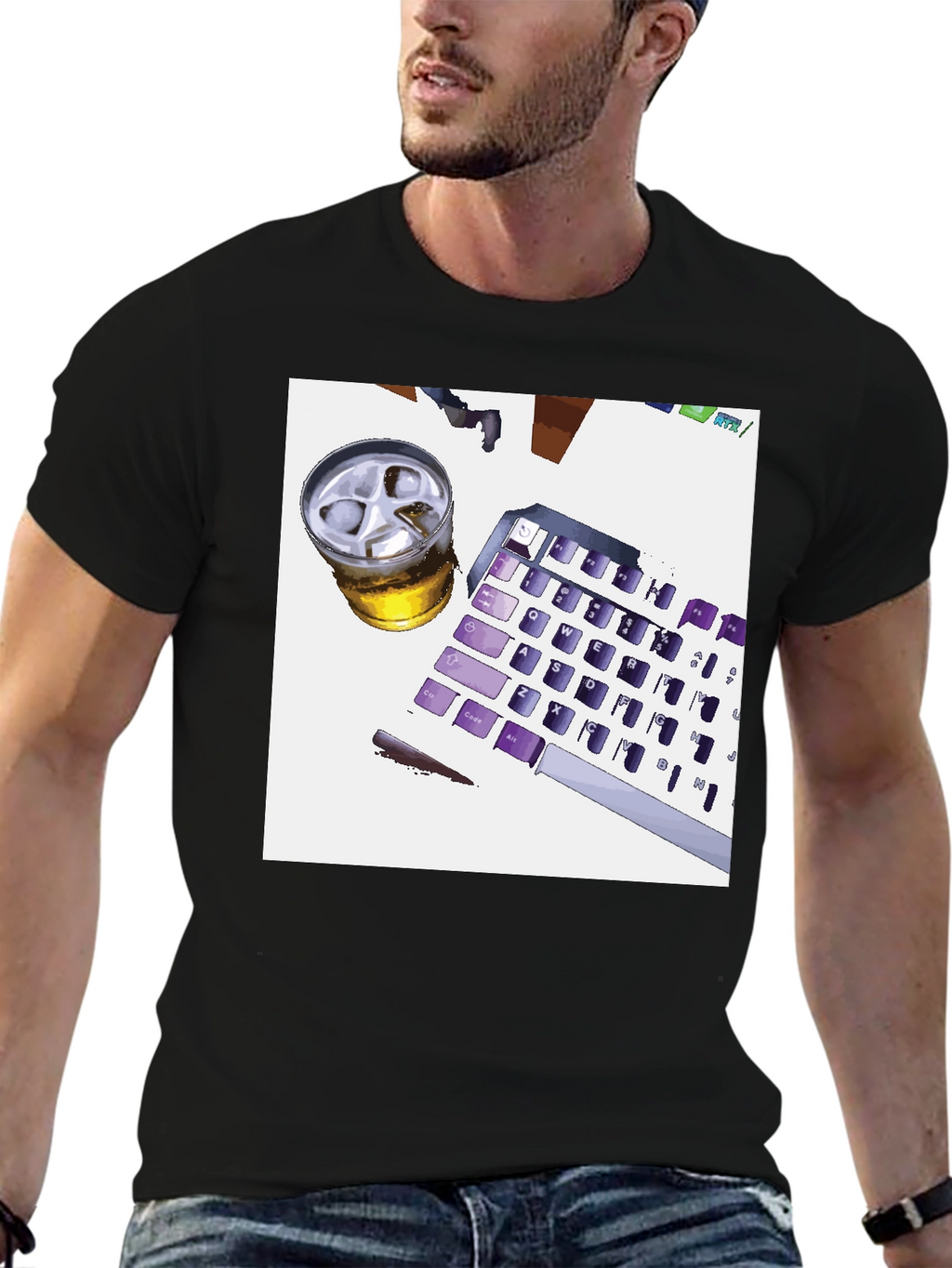 Novelty Keyboard & Drink Graphic Tee - Black