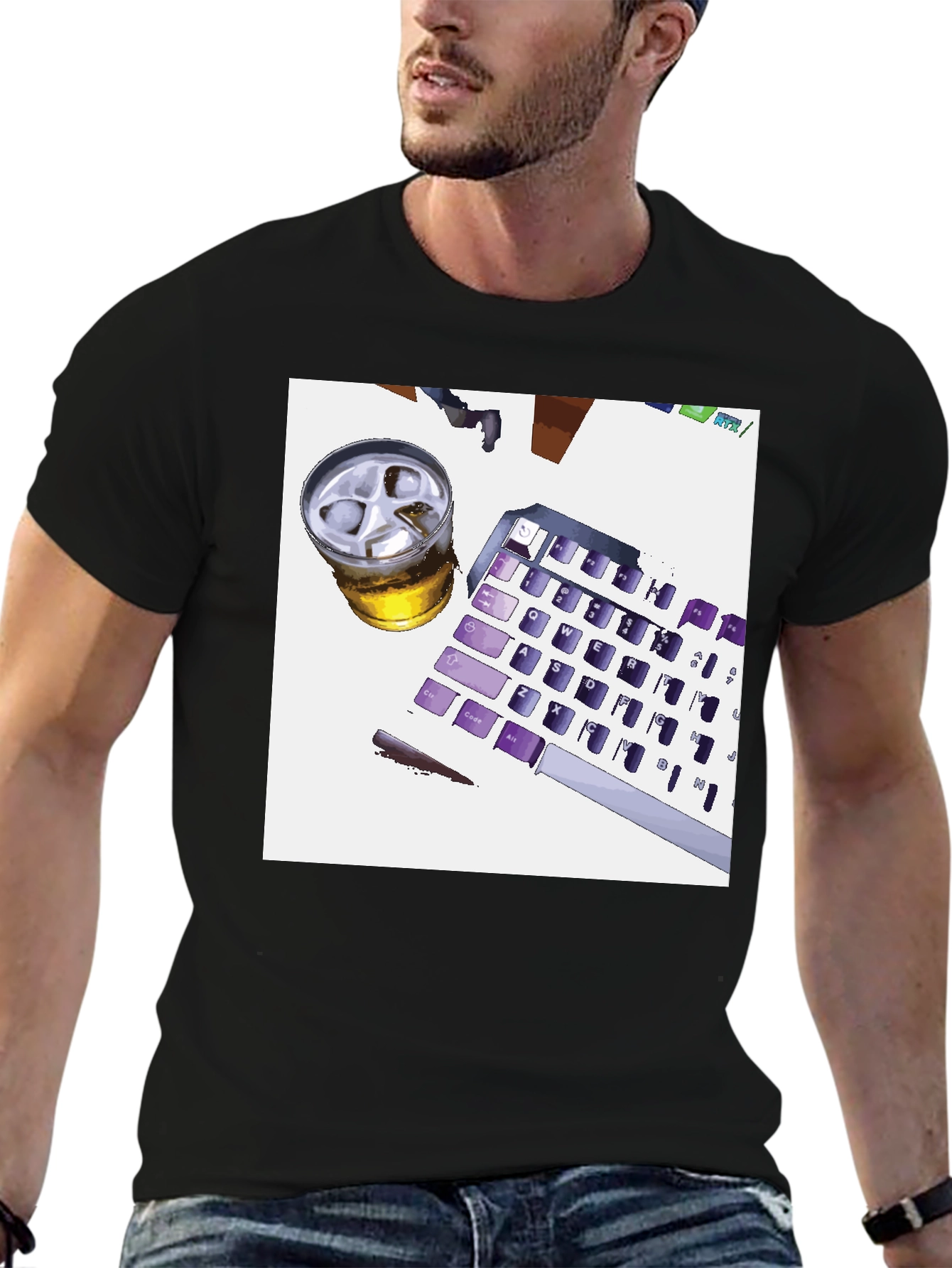 Novelty Keyboard & Drink Graphic Tee - Black