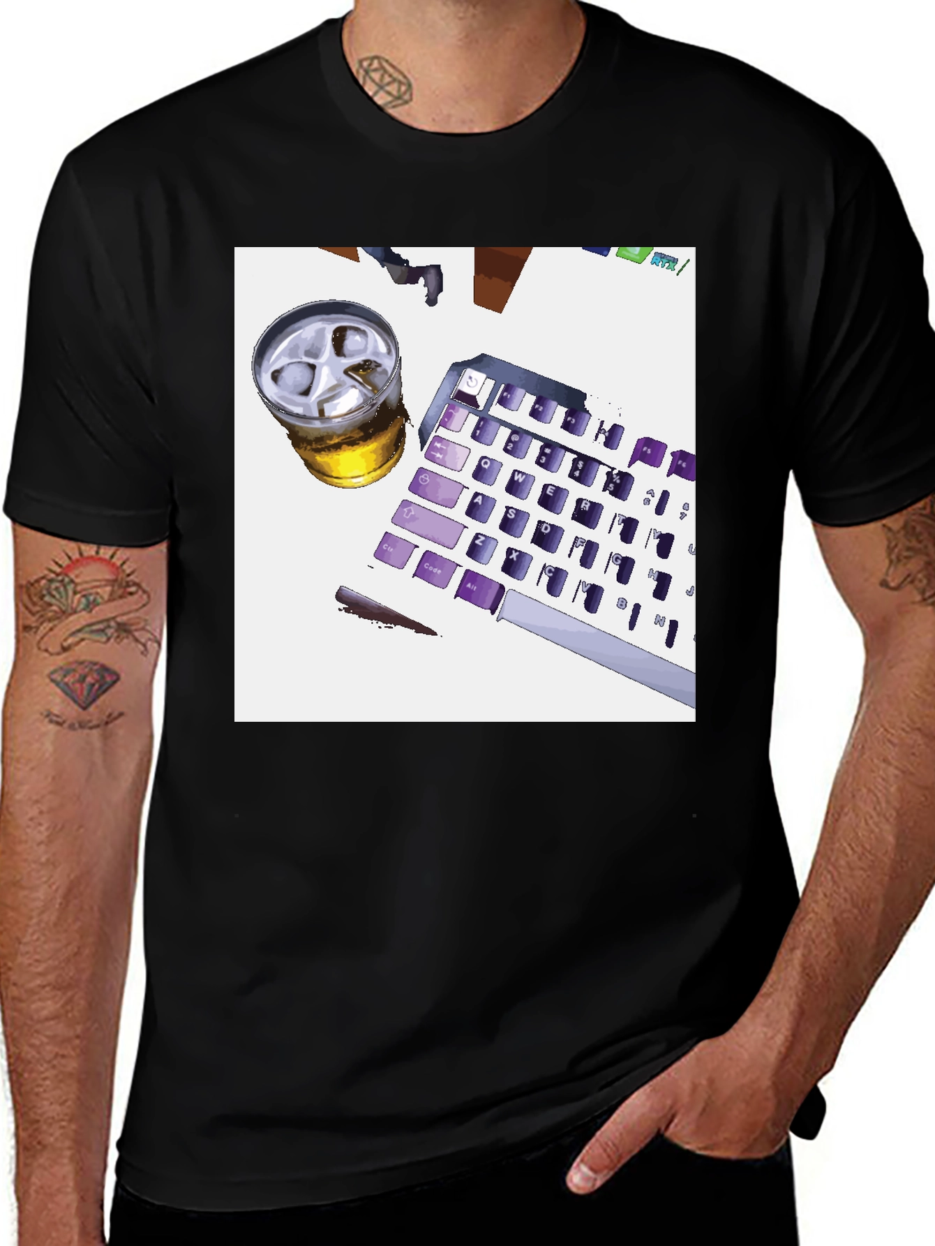 Novelty Keyboard & Drink Graphic Tee - Black