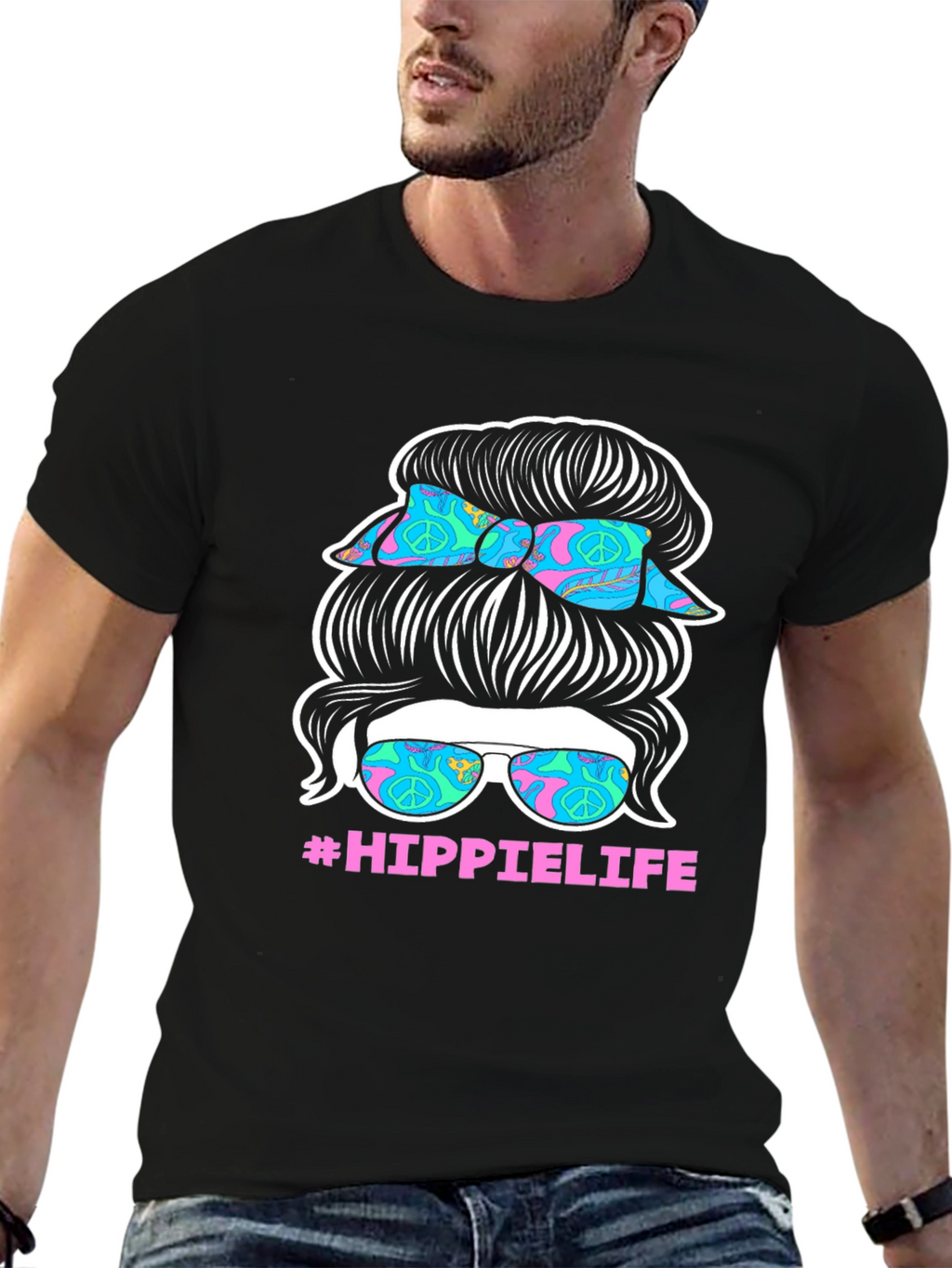 Hippie Life Messy Bun T-Shirt - Retro Peace Sign