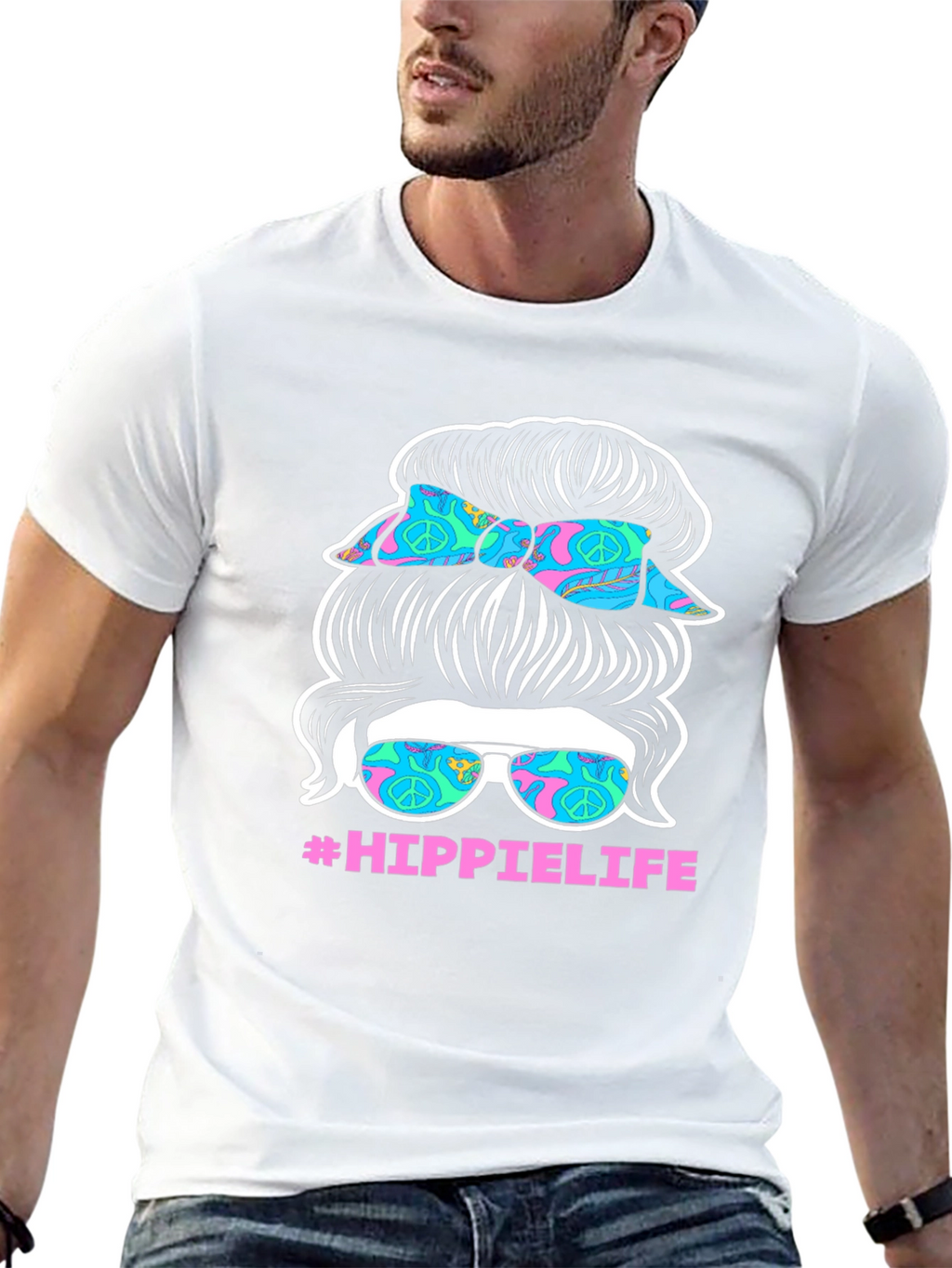 Hippie Life Messy Bun T-Shirt - Retro Peace Sign