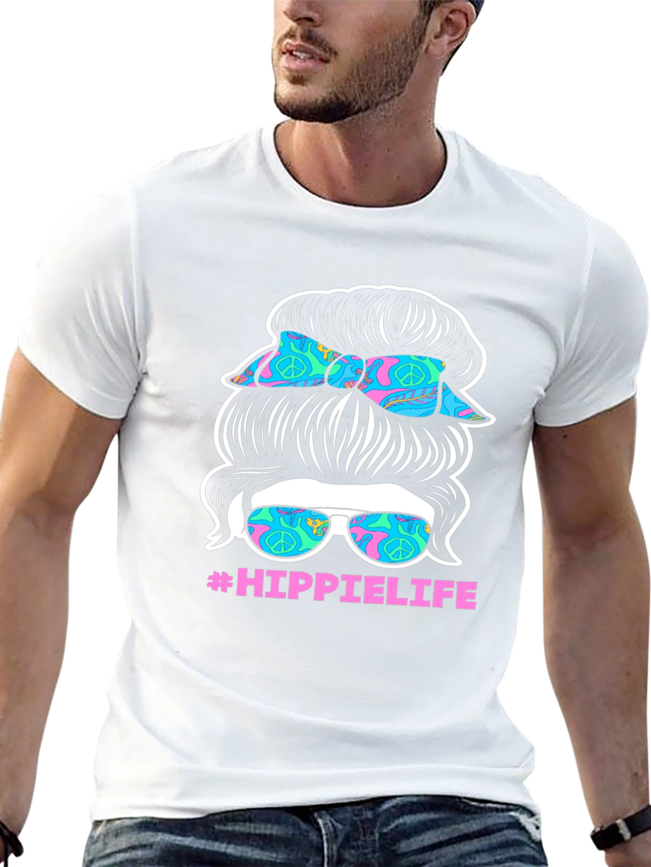 Hippie Life Messy Bun T-Shirt - Retro Peace Sign
