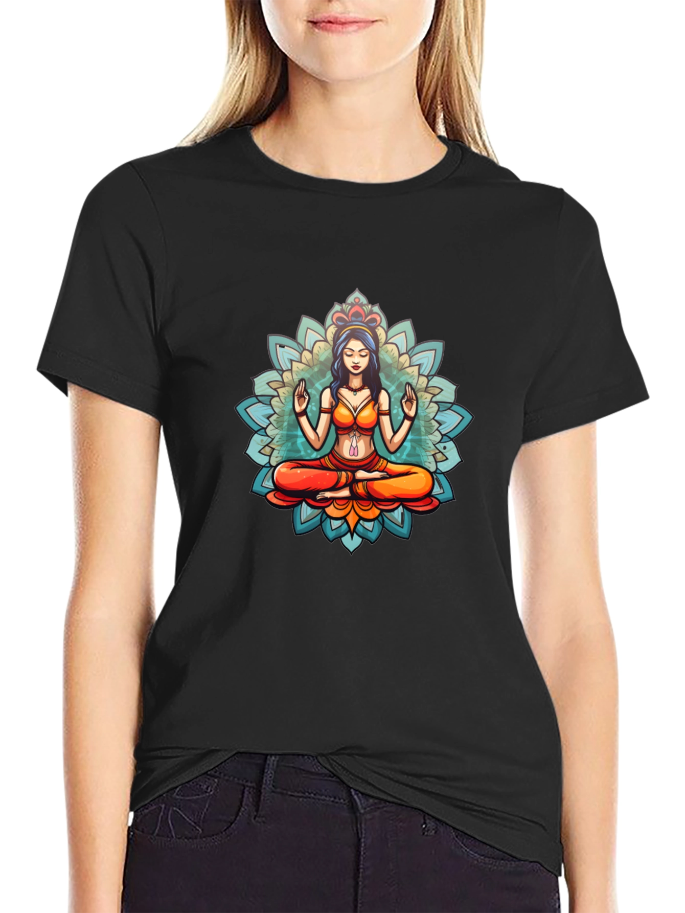 Meditative Mandala Graphic Black T-Shirt