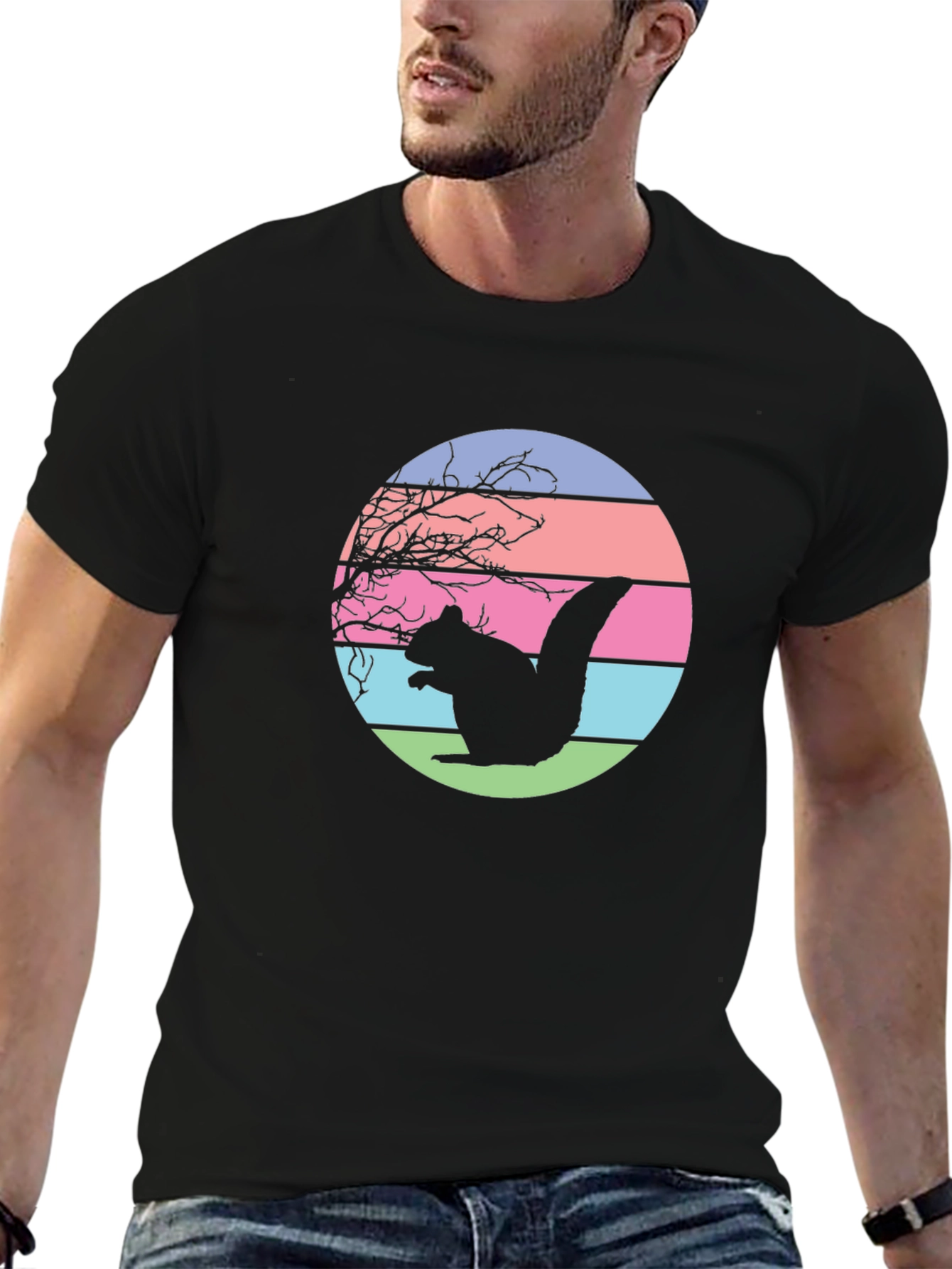 Retro Squirrel Sunset Graphic Tee - Black