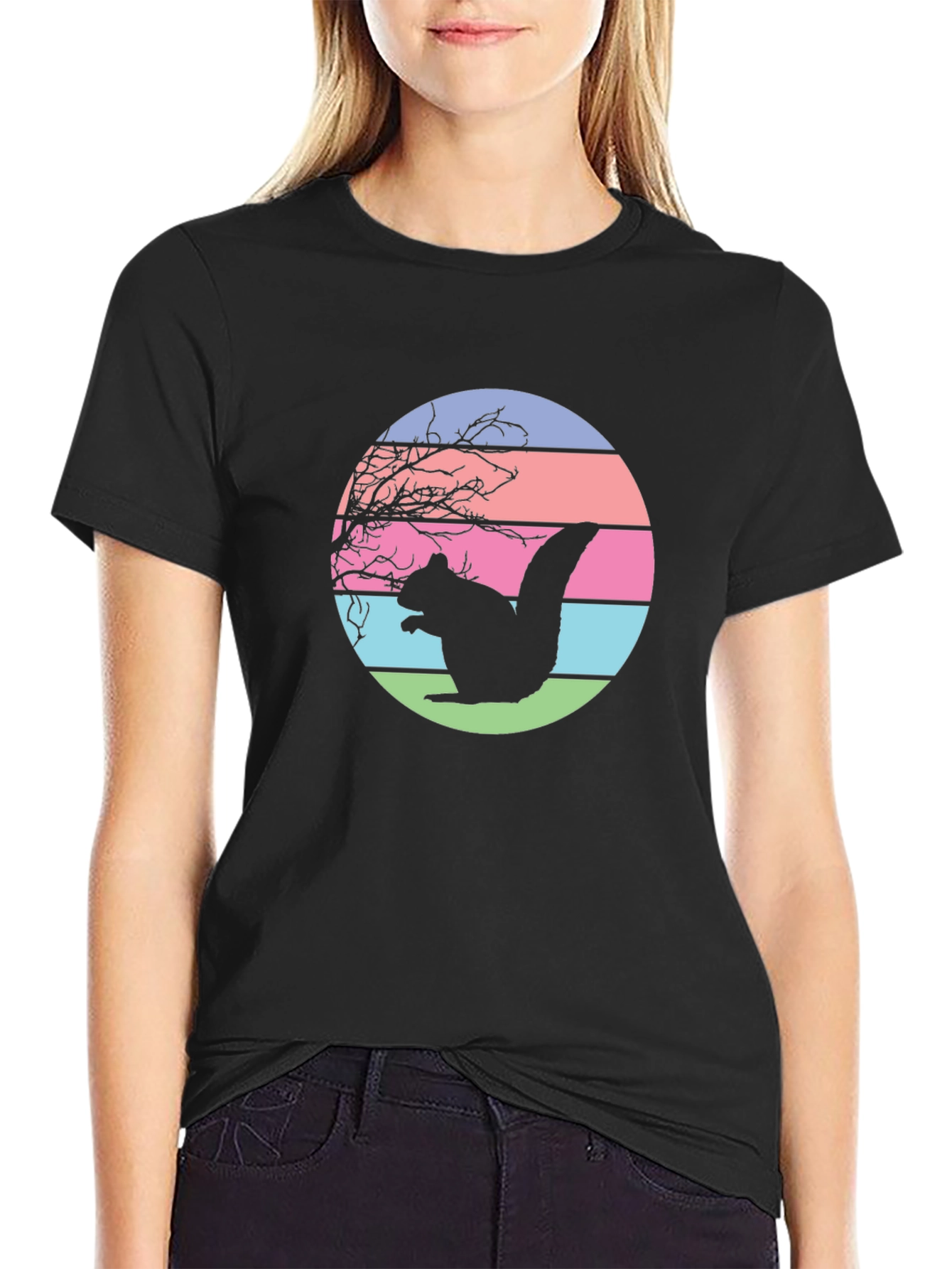 Retro Squirrel Sunset Graphic Tee - Black
