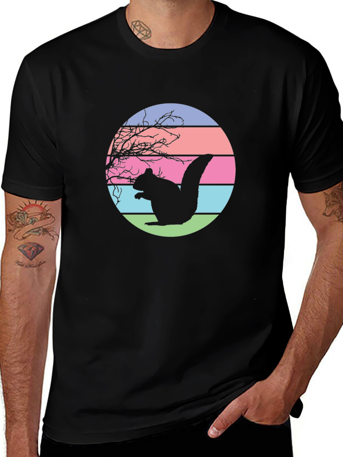 Retro Squirrel Sunset Graphic Tee - Black