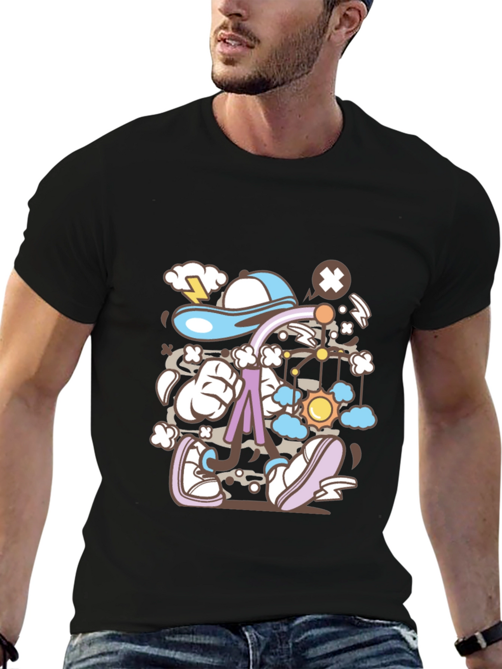Cartoon Print Black T-Shirt