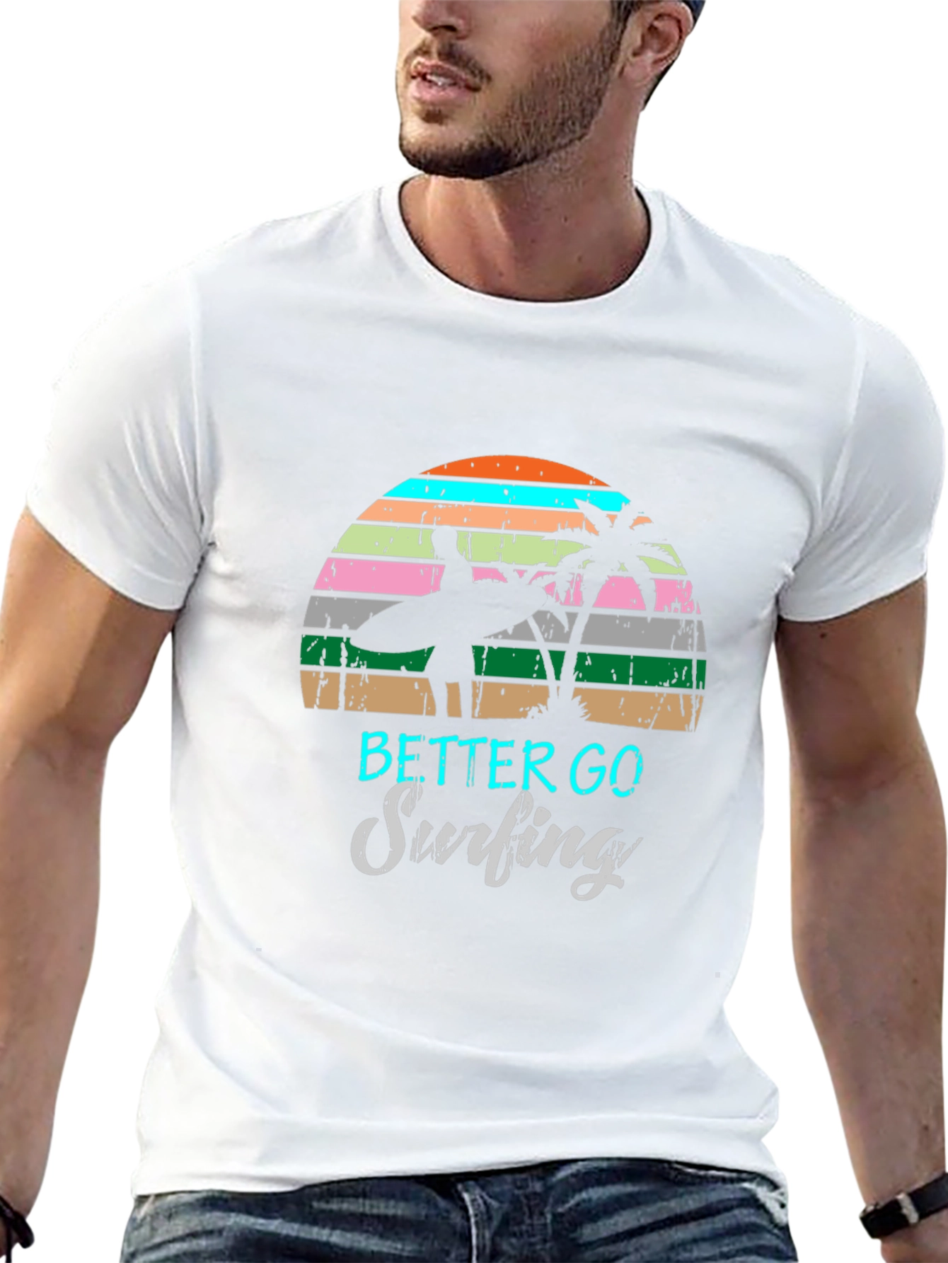 Surfing Graphic Tee Retro Sunset Palm Tree Shirt