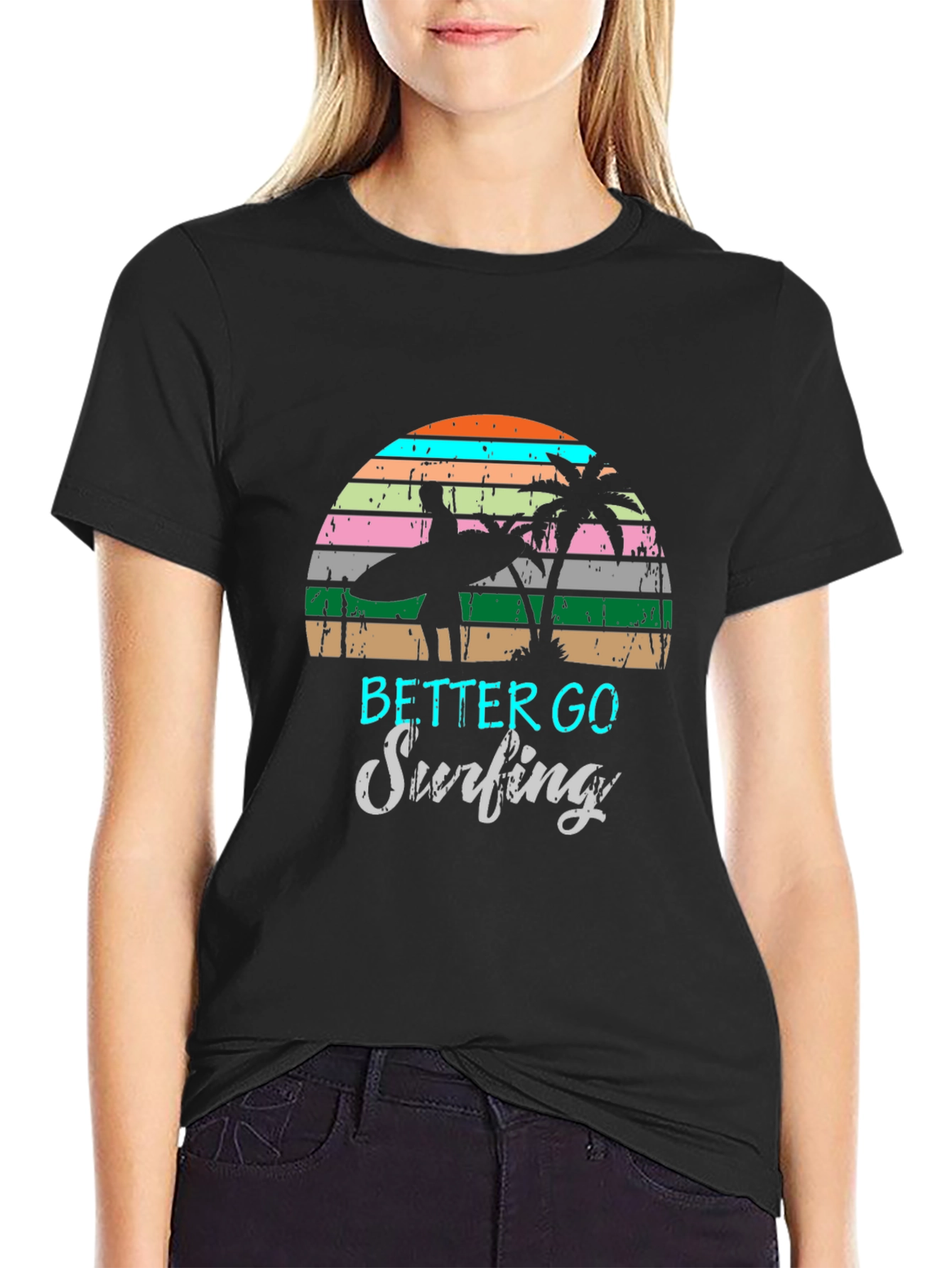 Surfing Graphic Tee Retro Sunset Palm Tree Shirt