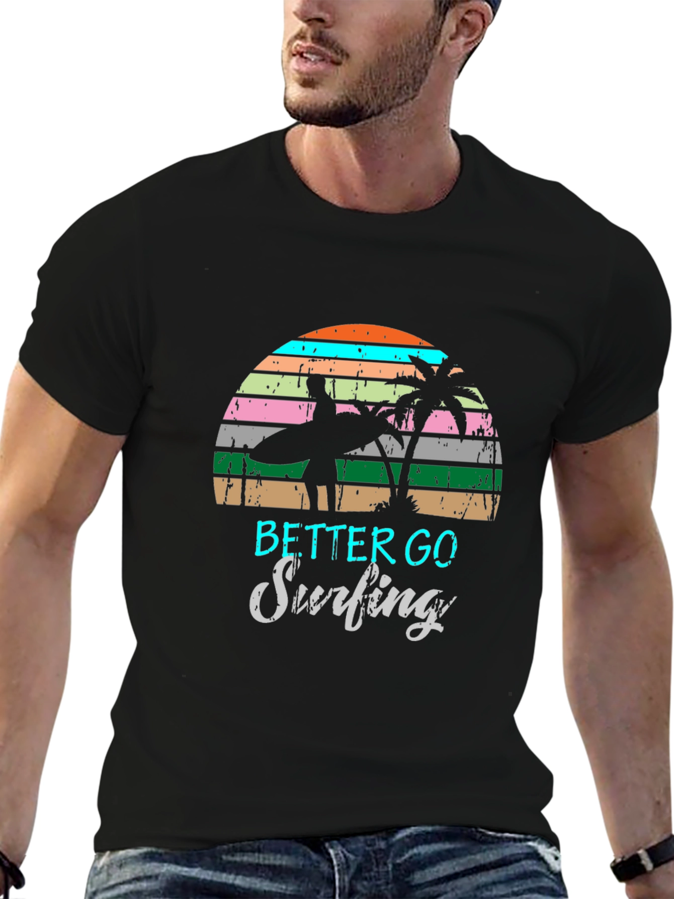 Surfing Graphic Tee Retro Sunset Palm Tree Shirt