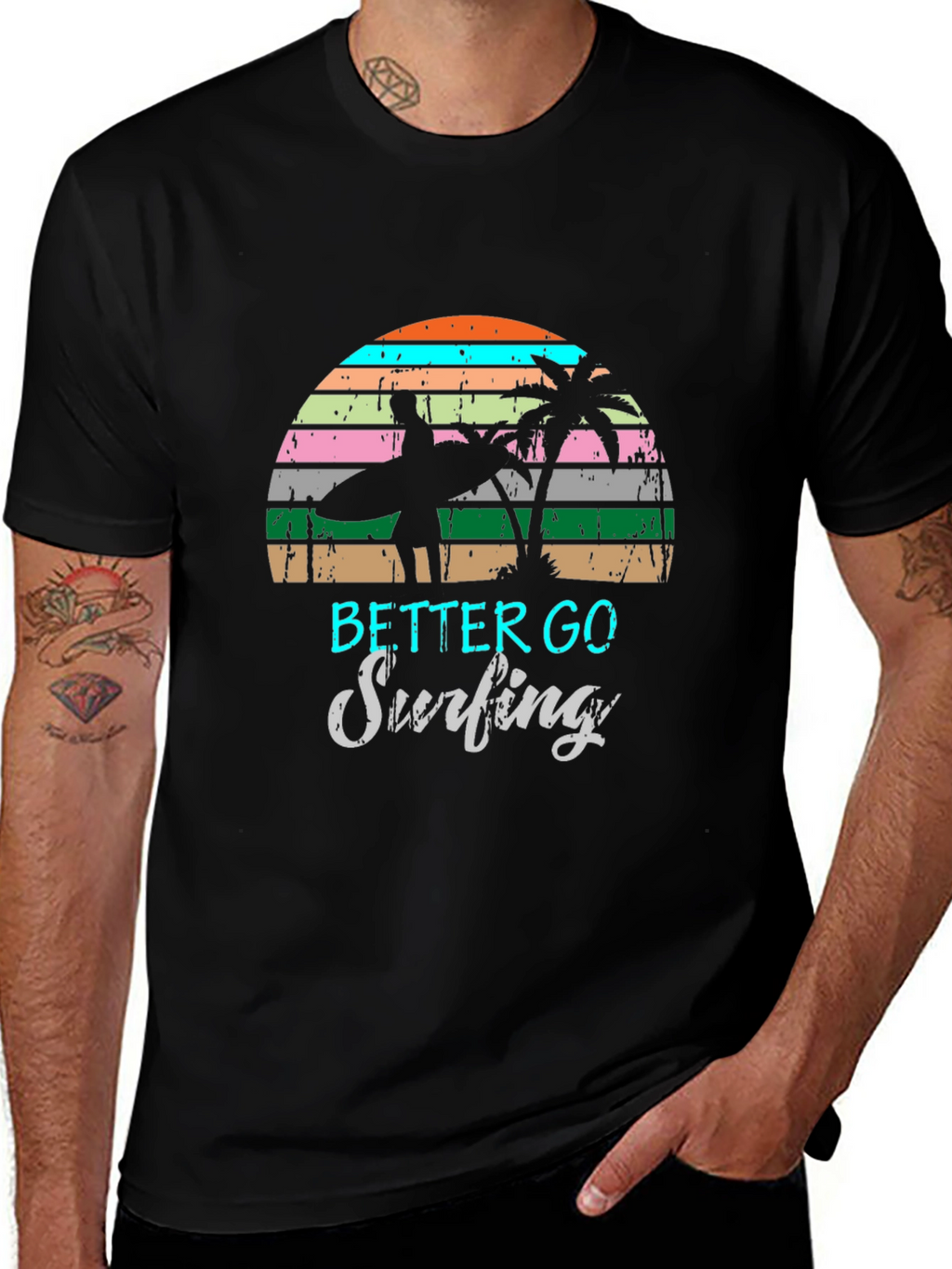 Surfing Graphic Tee Retro Sunset Palm Tree Shirt