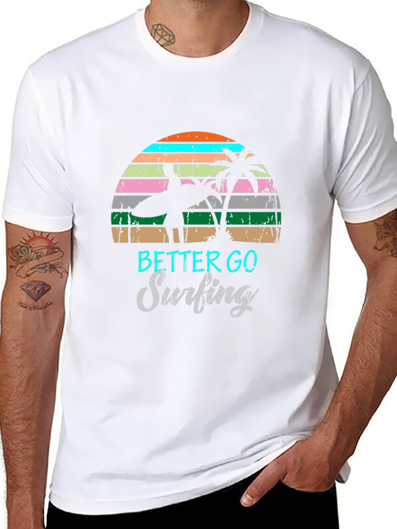 Surfing Graphic Tee Retro Sunset Palm Tree Shirt