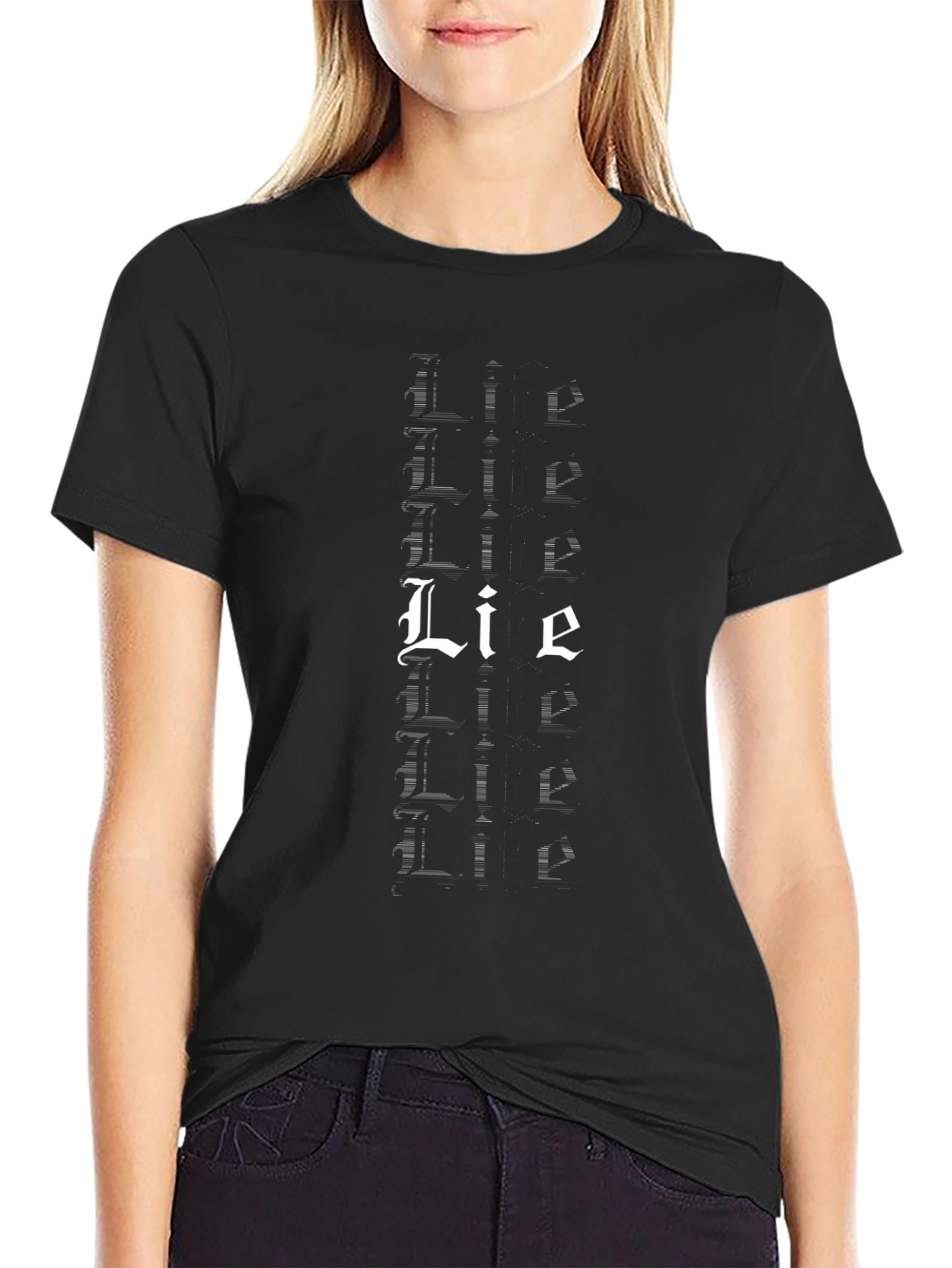 Mens Black Lie Graphic Tee - Bold Gothic Style