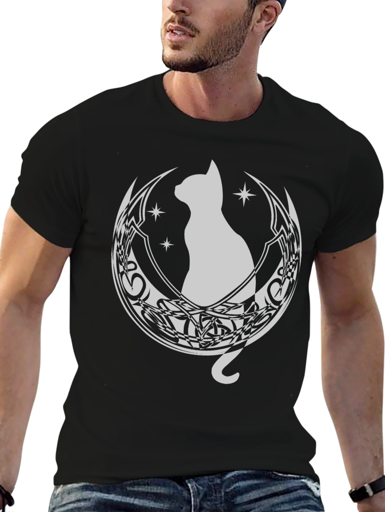Cat Moon Graphic Tee - Black