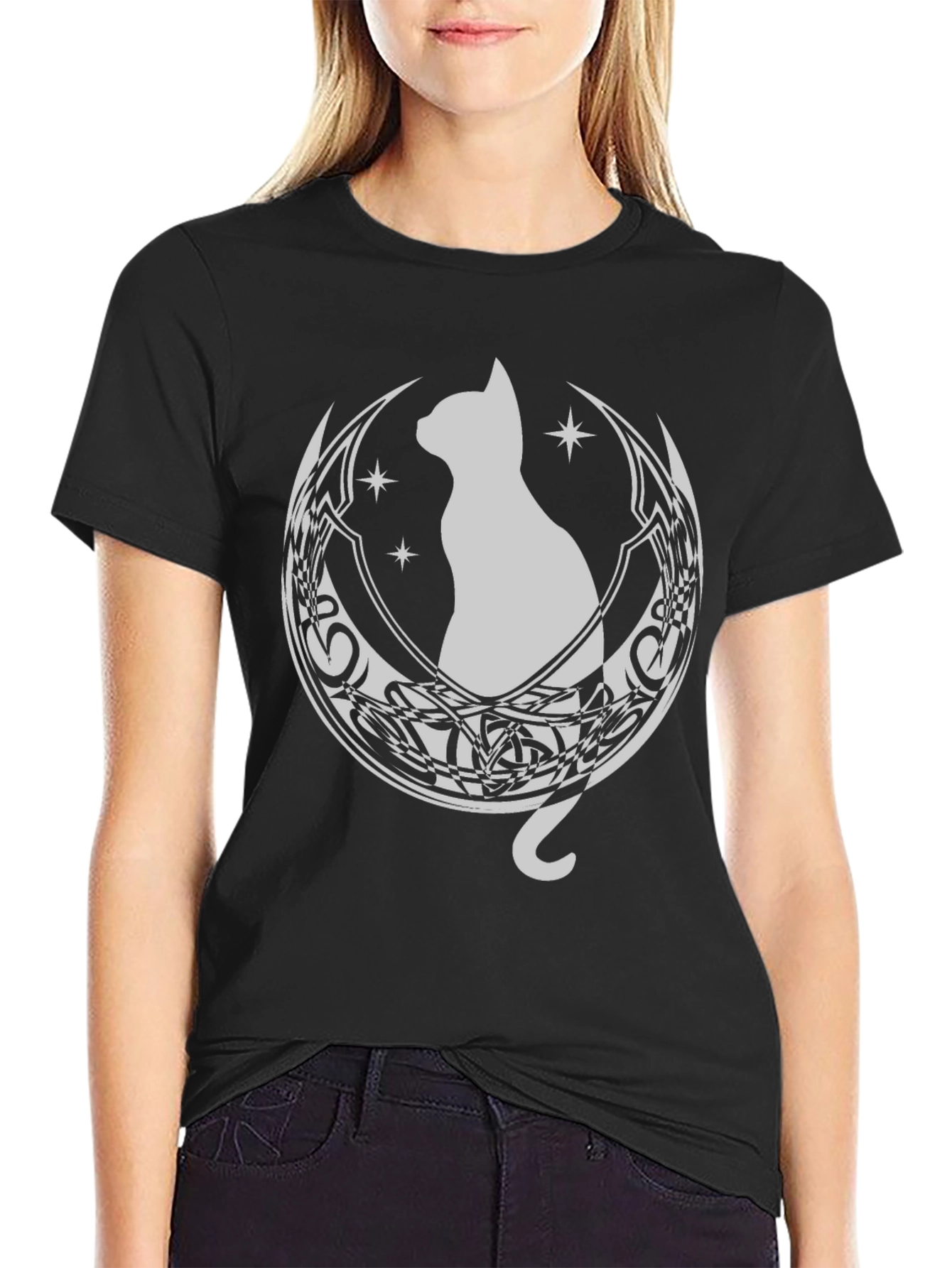 Cat Moon Graphic Tee - Black