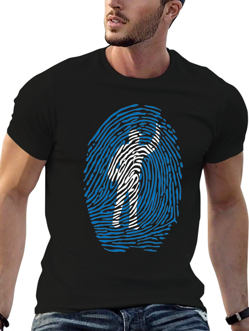 Fingerprint Design Graphic Tee - Black Cotton Blend