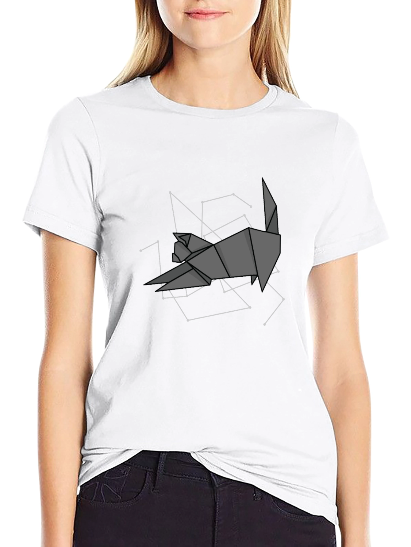 Geometric Origami Cat Constellation Black T-Shirt