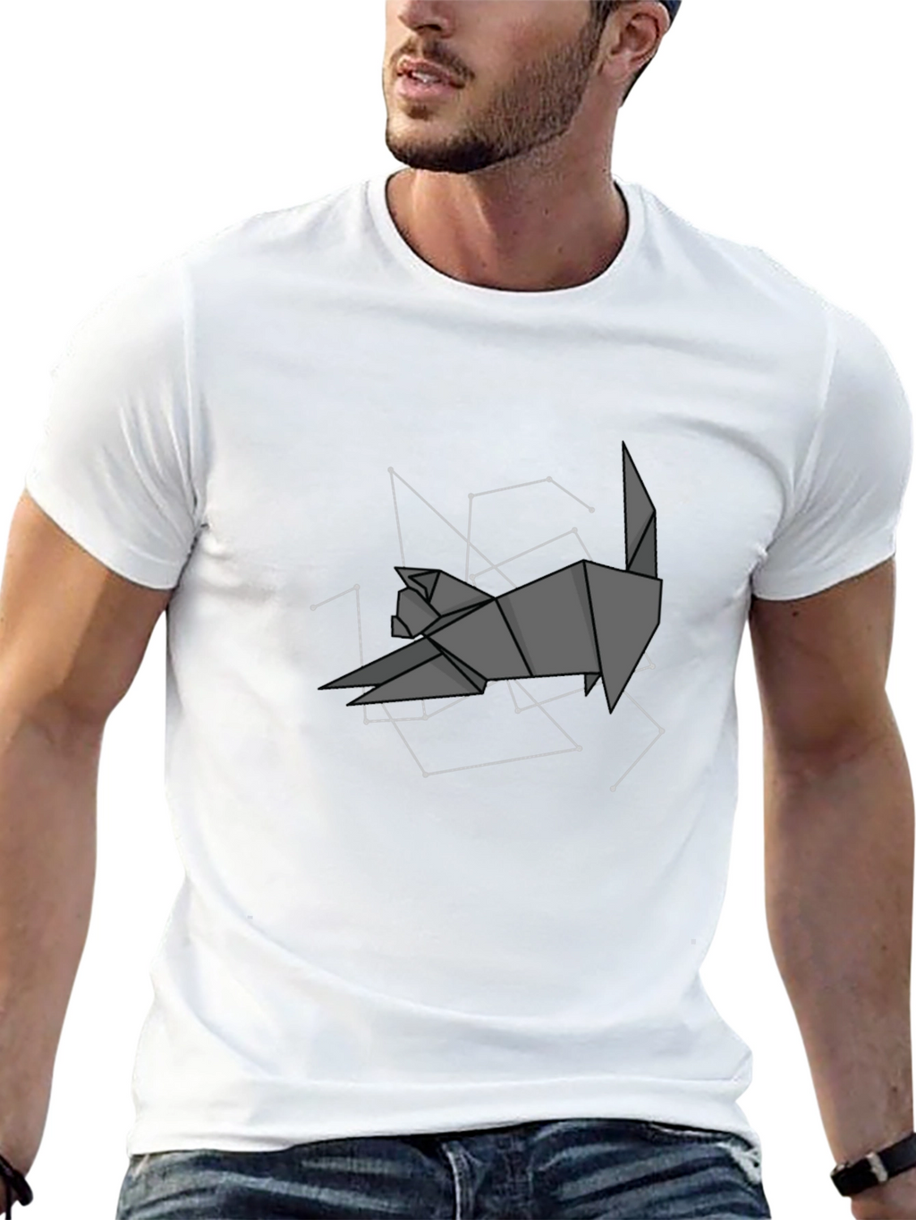 Geometric Origami Cat Constellation Black T-Shirt