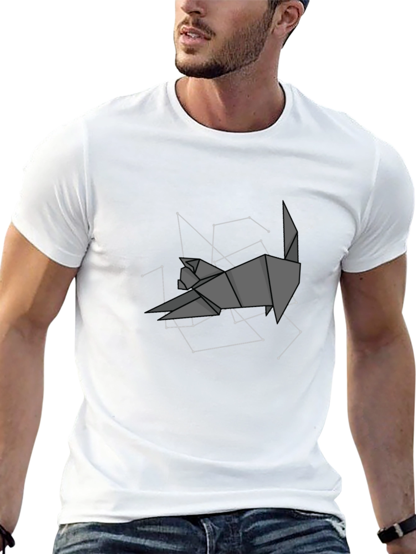 Geometric Origami Cat Constellation Black T-Shirt