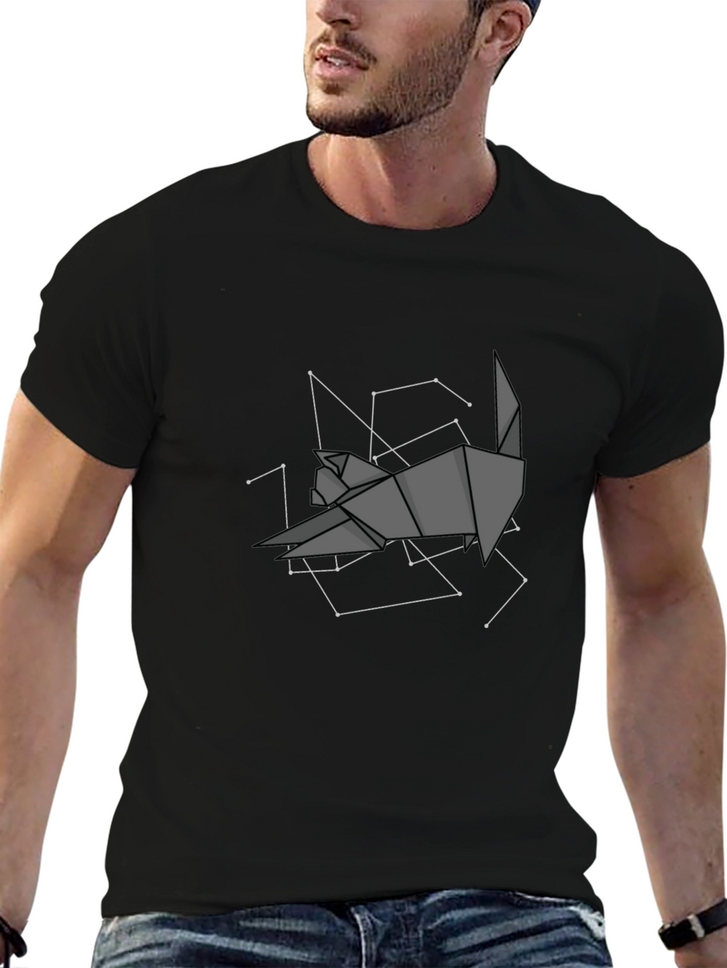 Geometric Origami Cat Constellation Black T-Shirt
