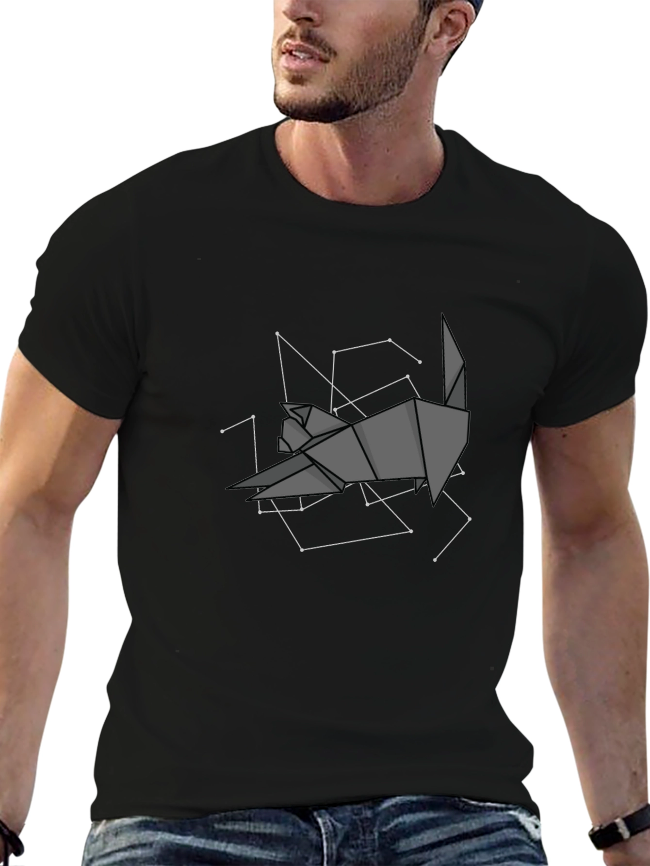 Geometric Origami Cat Constellation Black T-Shirt