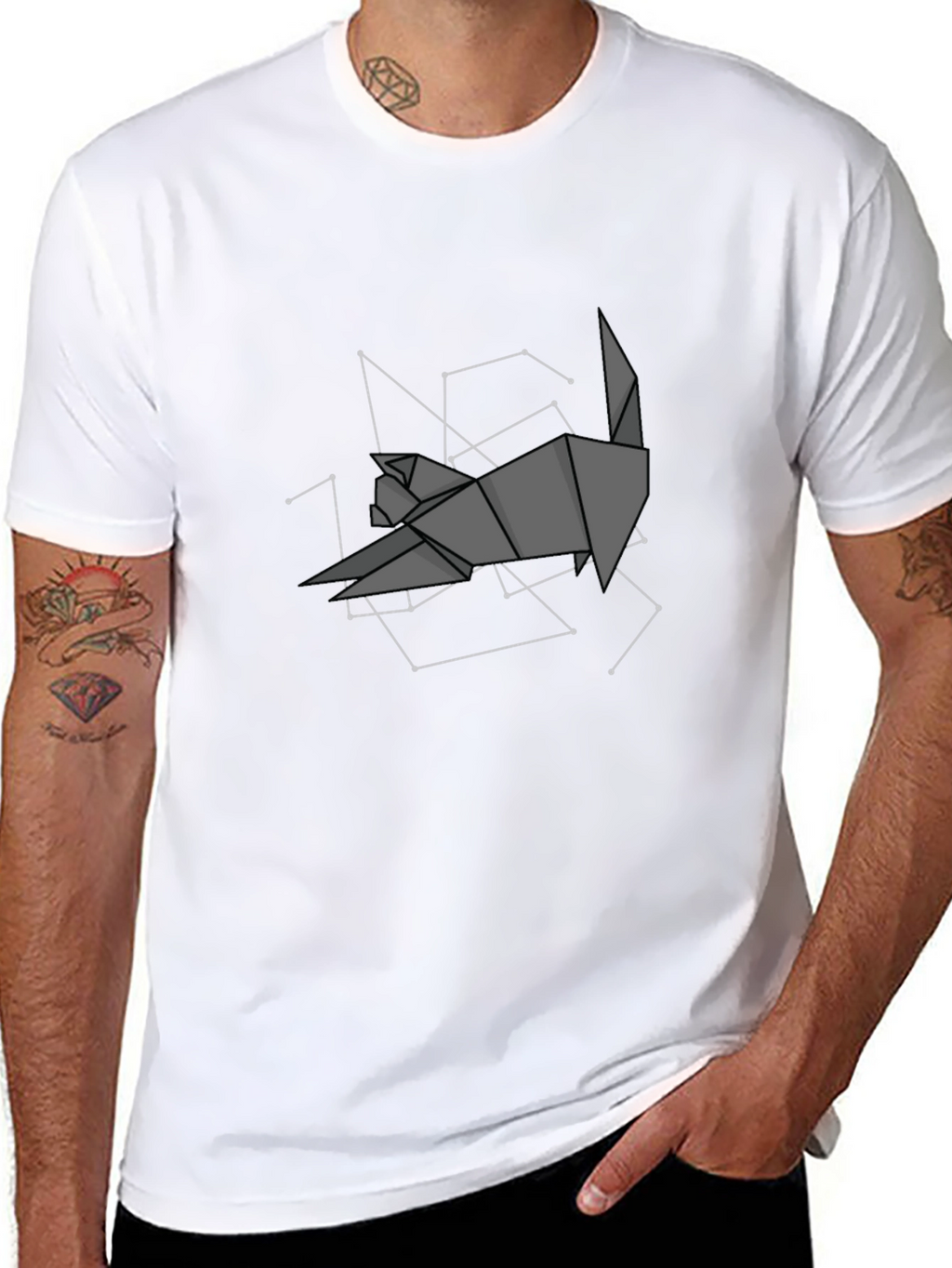 Geometric Origami Cat Constellation Black T-Shirt