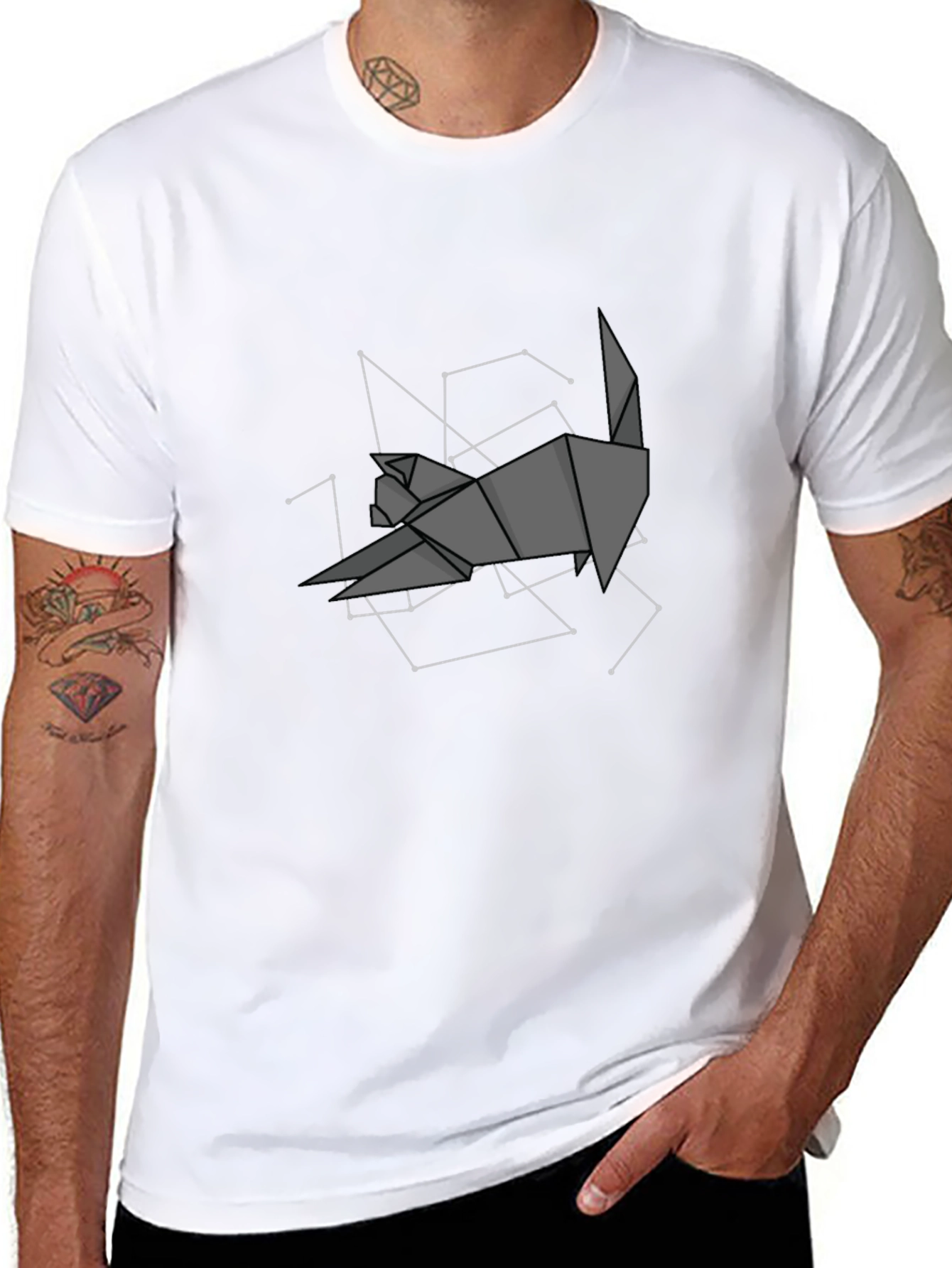 Geometric Origami Cat Constellation Black T-Shirt