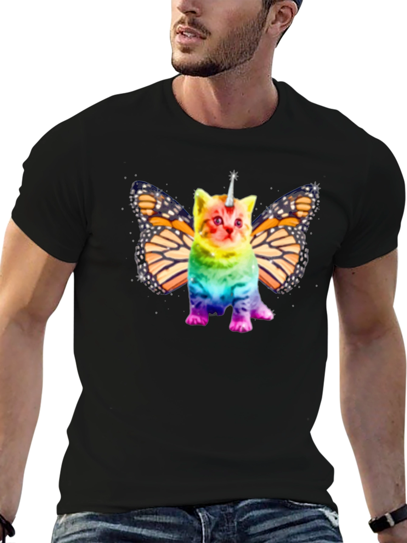 Unicorn Cat Butterfly Wings Black T-shirt