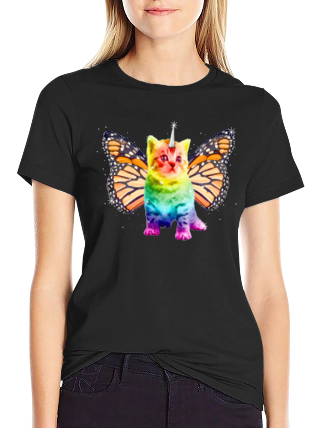 Unicorn Cat Butterfly Wings Black T-shirt