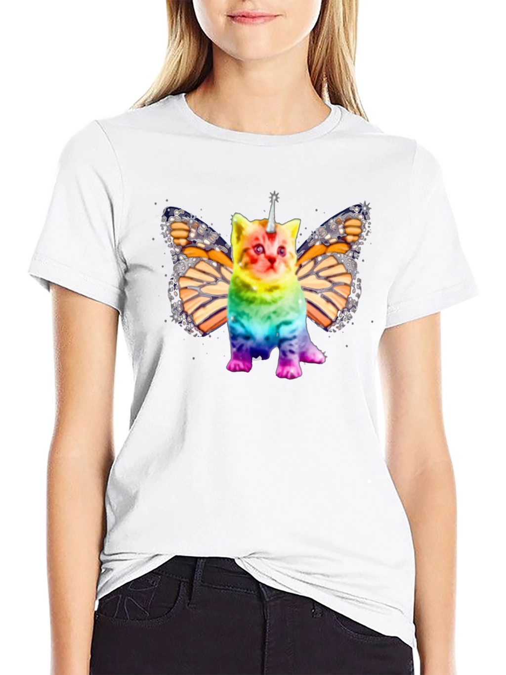 Unicorn Cat Butterfly Wings Black T-shirt