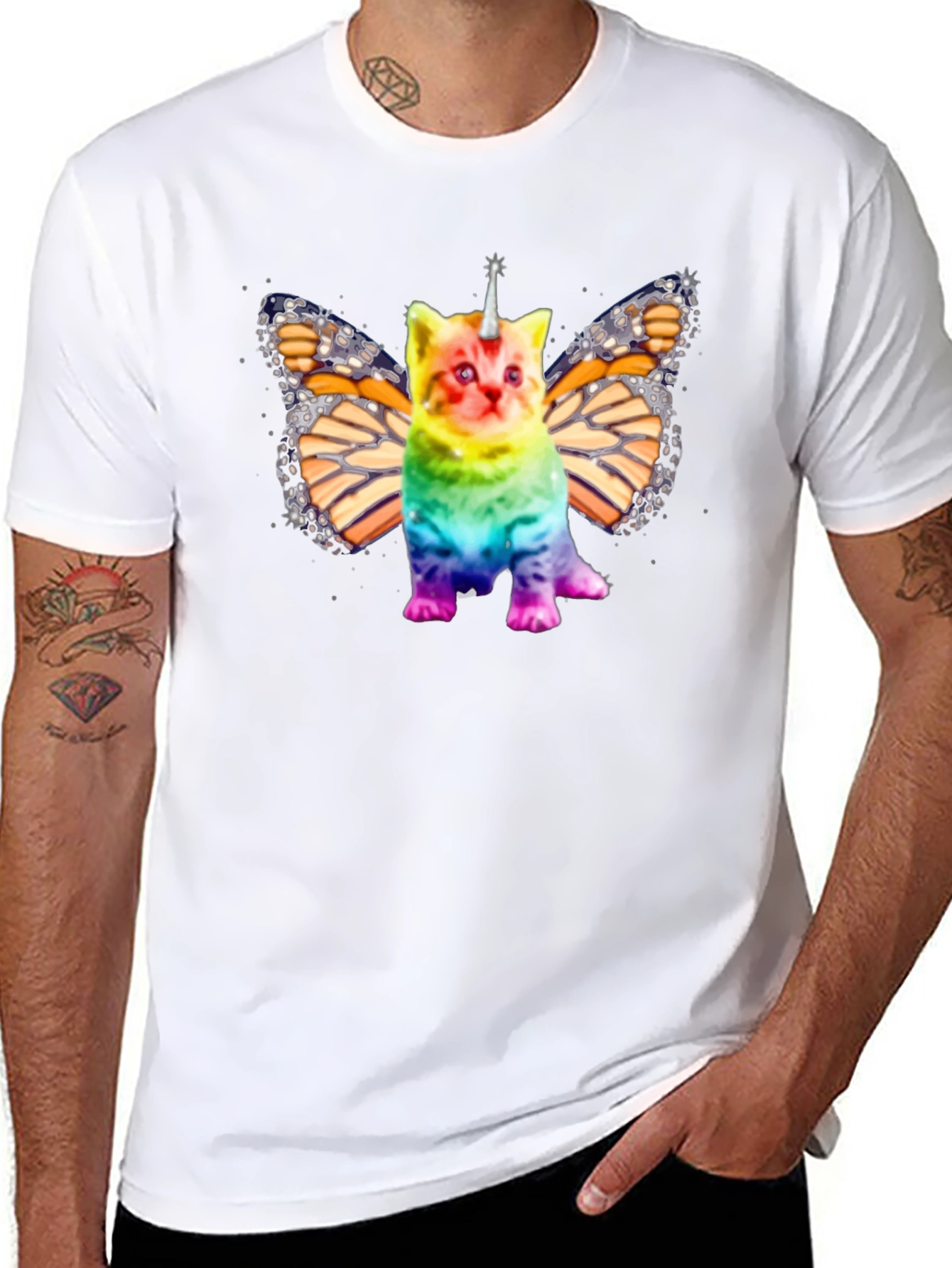 Unicorn Cat Butterfly Wings Black T-shirt