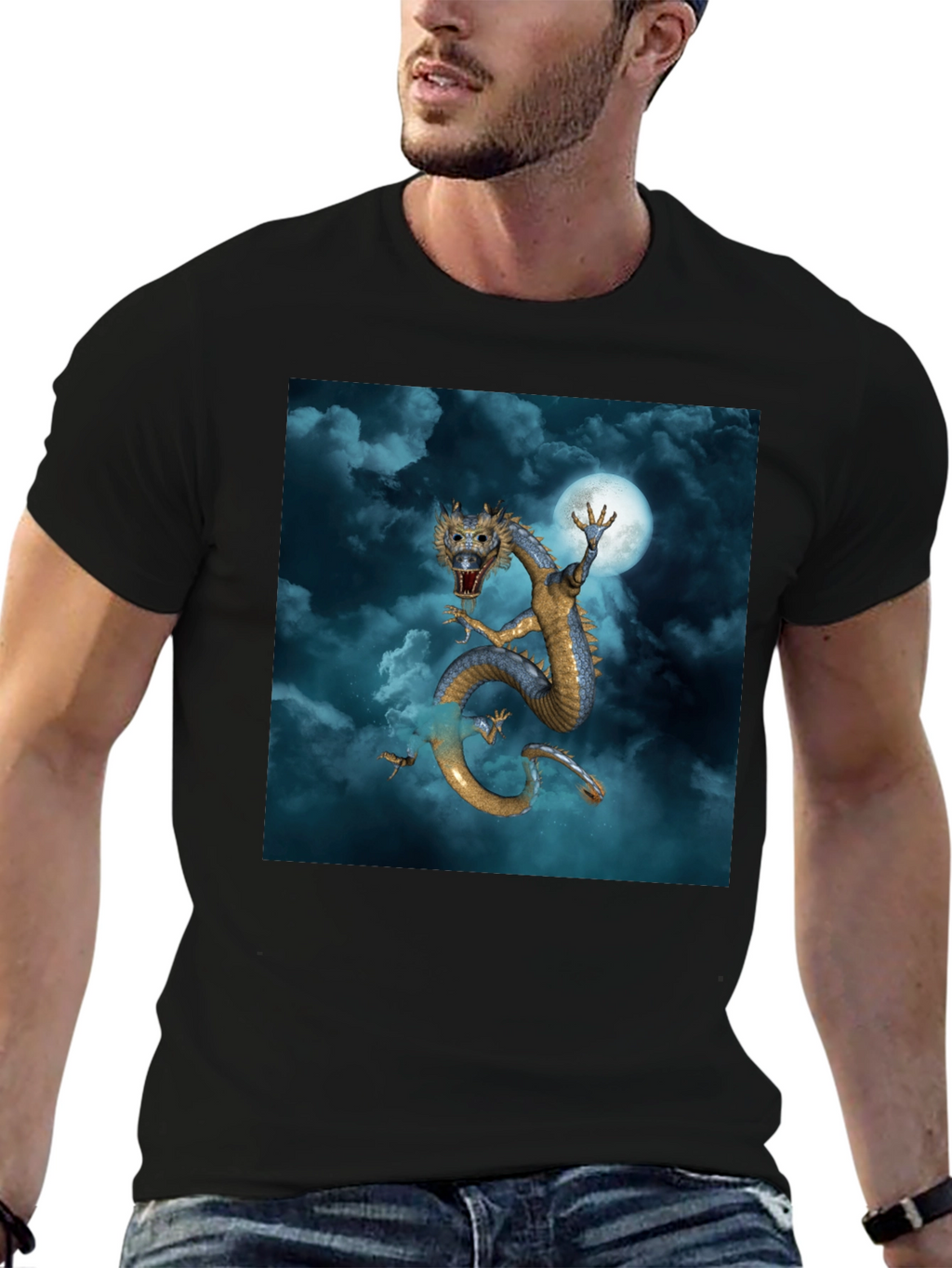 Dragon & Moon Graphic Tee - Premium Black Cotton