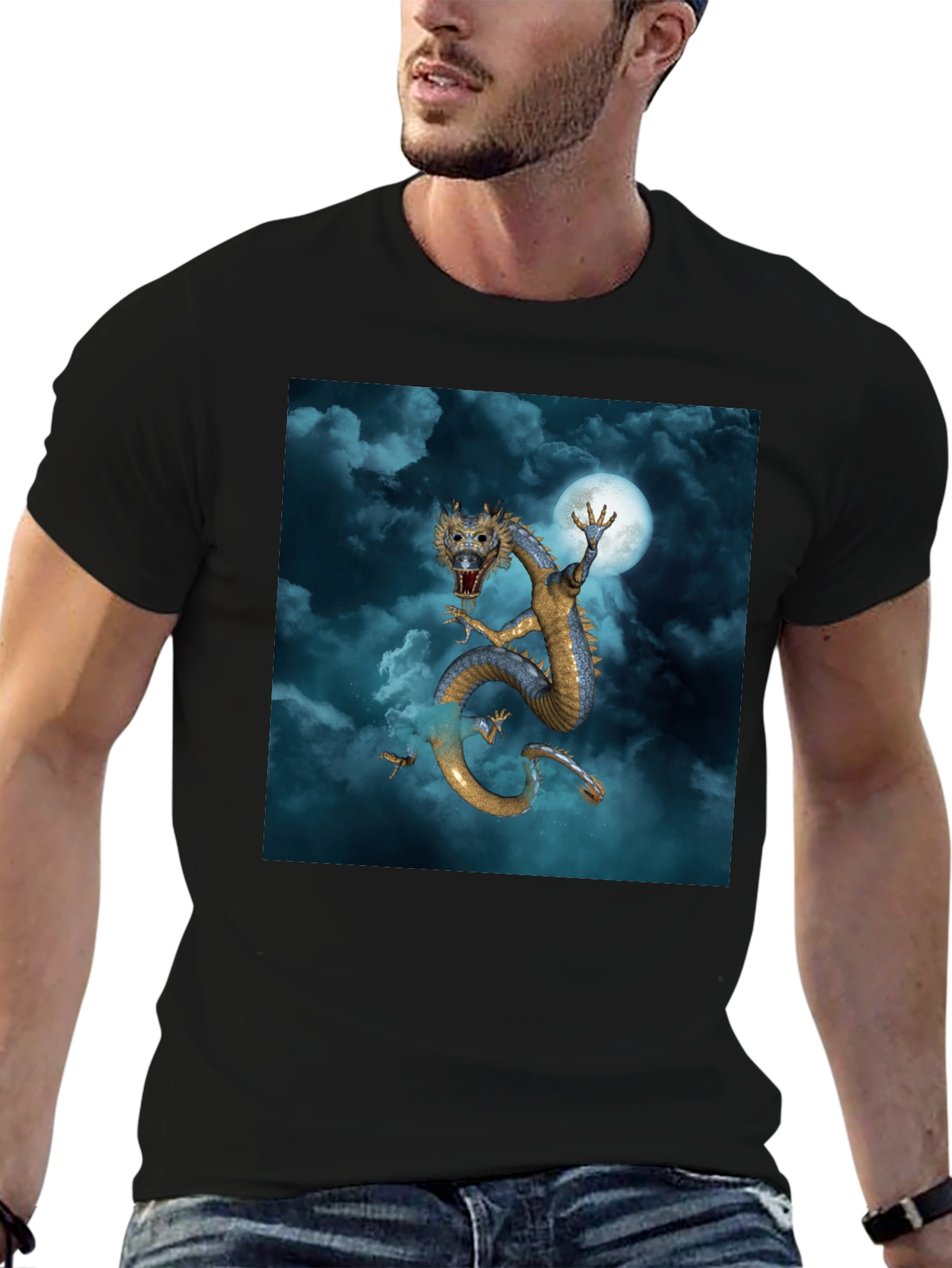 Dragon & Moon Graphic Tee - Premium Black Cotton