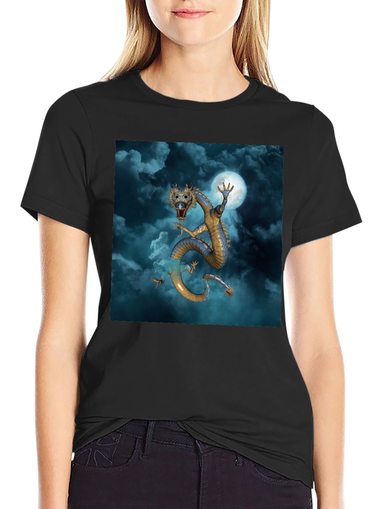 Dragon & Moon Graphic Tee - Premium Black Cotton