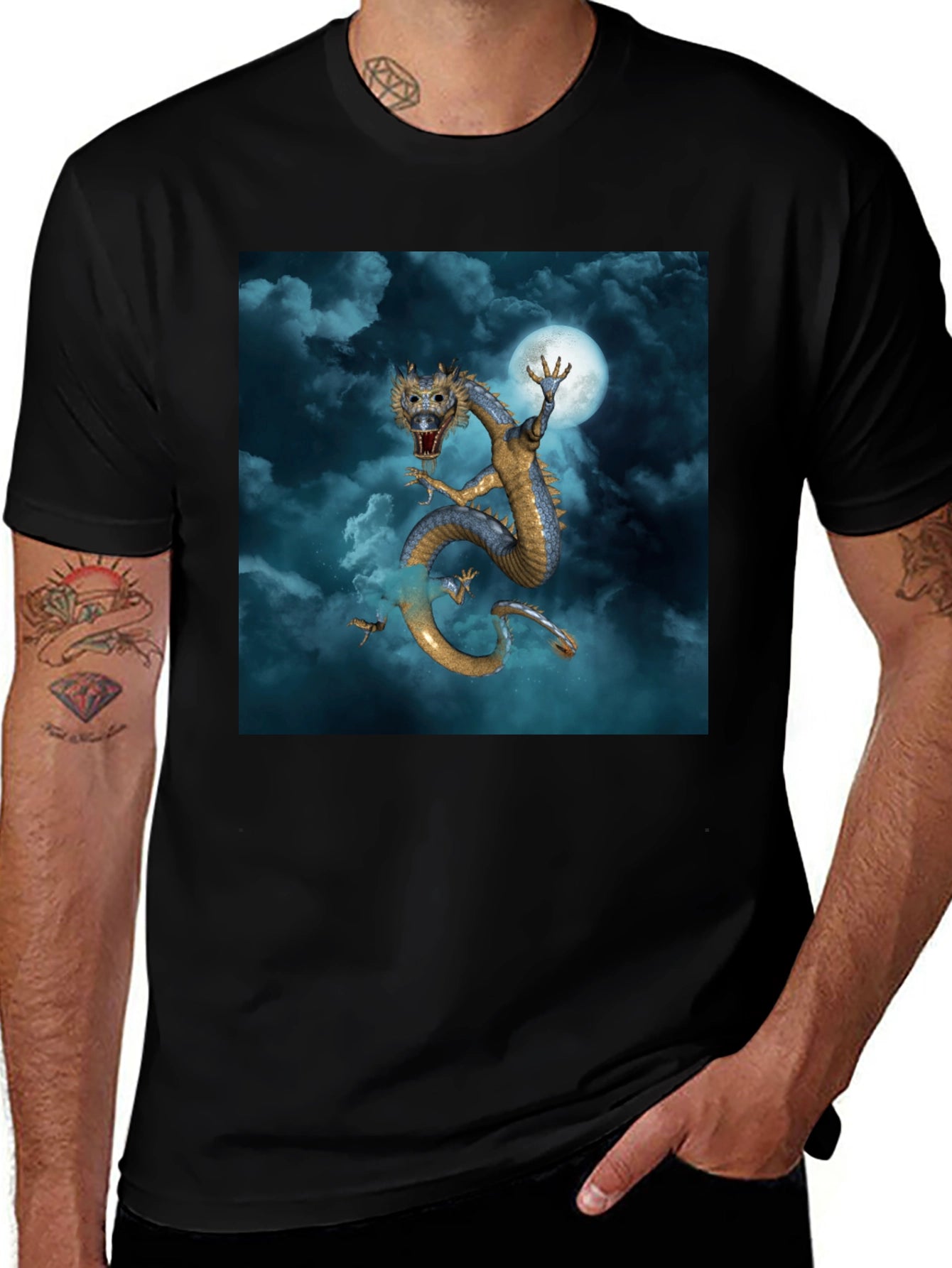 Dragon & Moon Graphic Tee - Premium Black Cotton