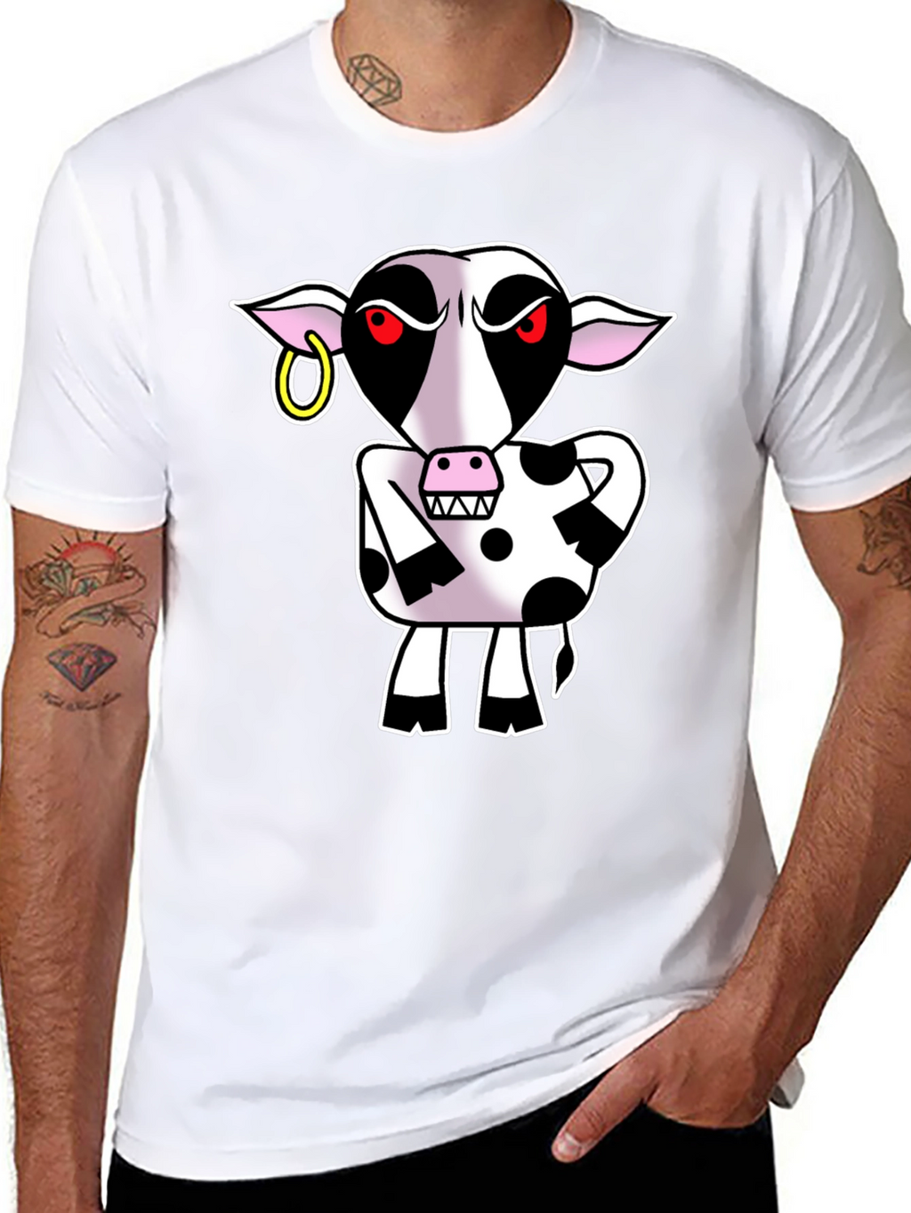 Cartoon Cow Graphic Tee - Black Cotton T-Shirt