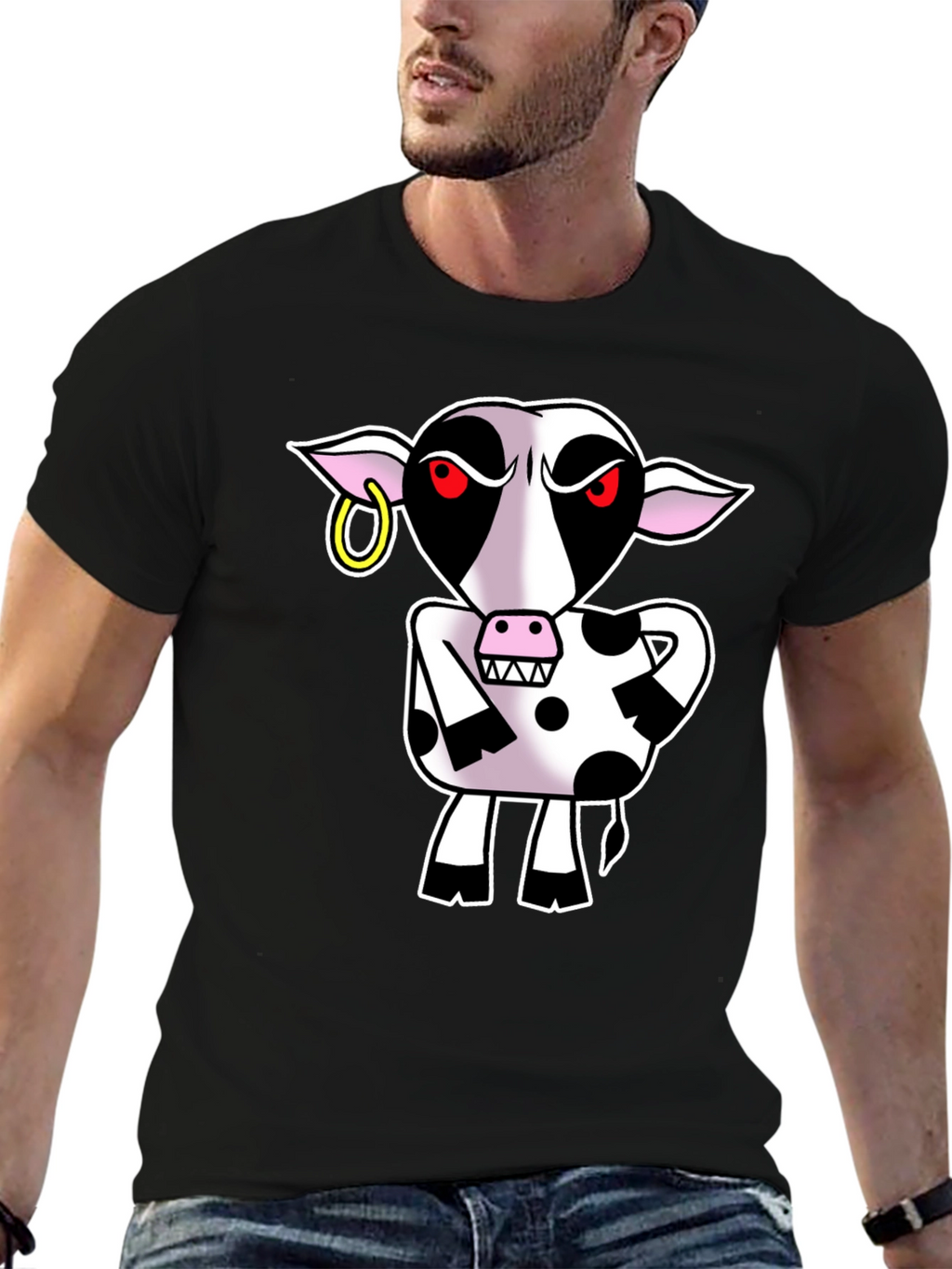 Cartoon Cow Graphic Tee - Black Cotton T-Shirt