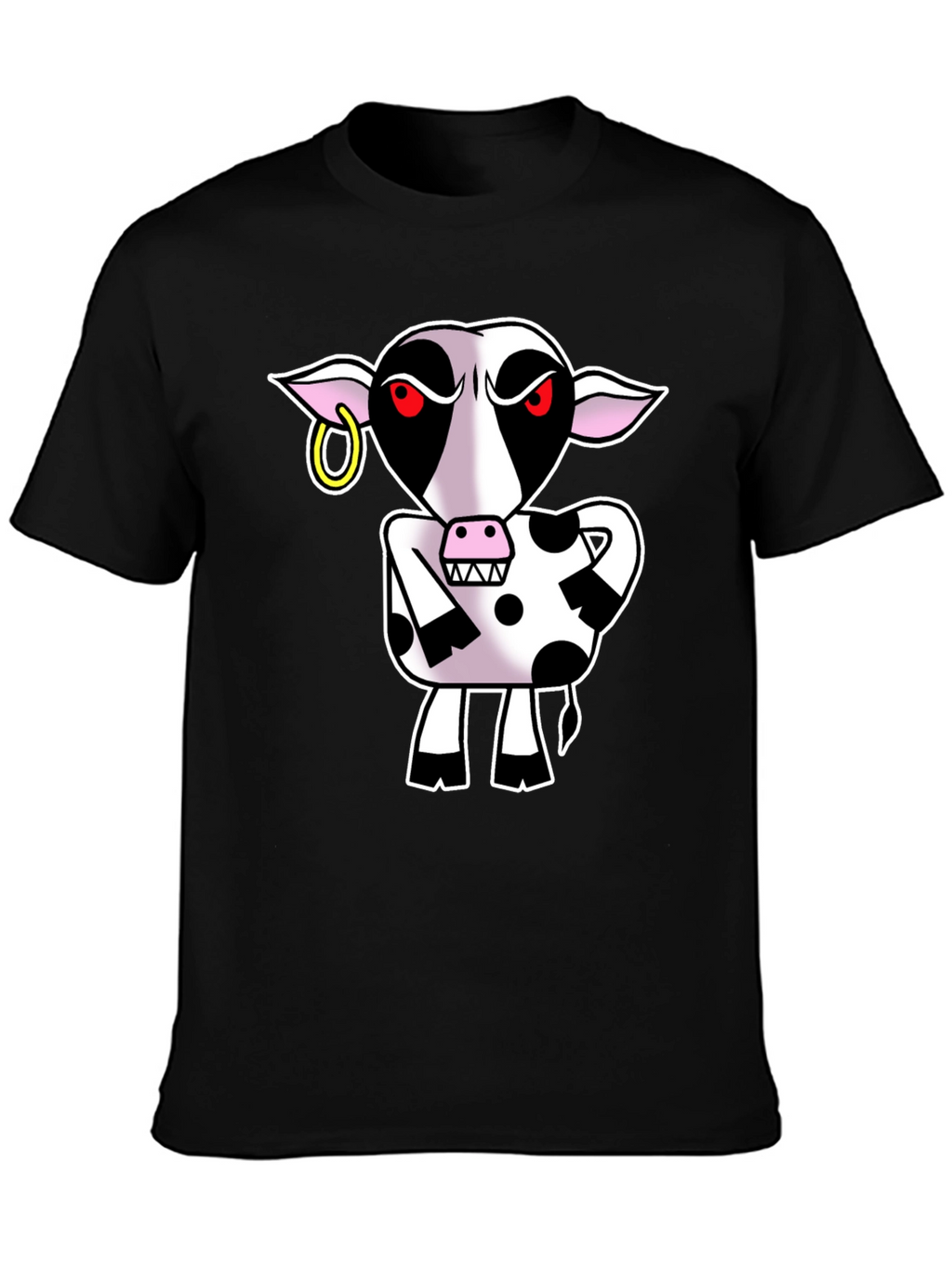 Cartoon Cow Graphic Tee - Black Cotton T-Shirt