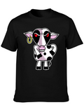 Cartoon Cow Graphic Tee - Black Cotton T-Shirt