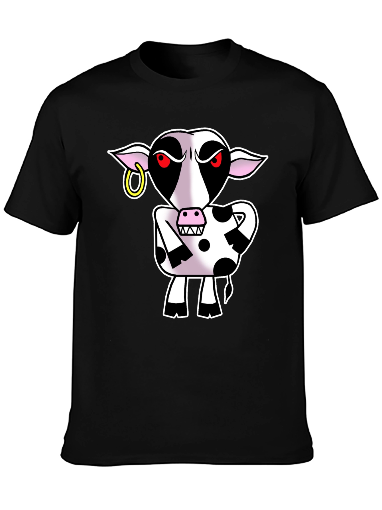 Cartoon Cow Graphic Tee - Black Cotton T-Shirt