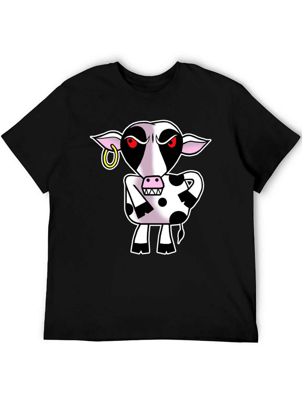 Cartoon Cow Graphic Tee - Black Cotton T-Shirt
