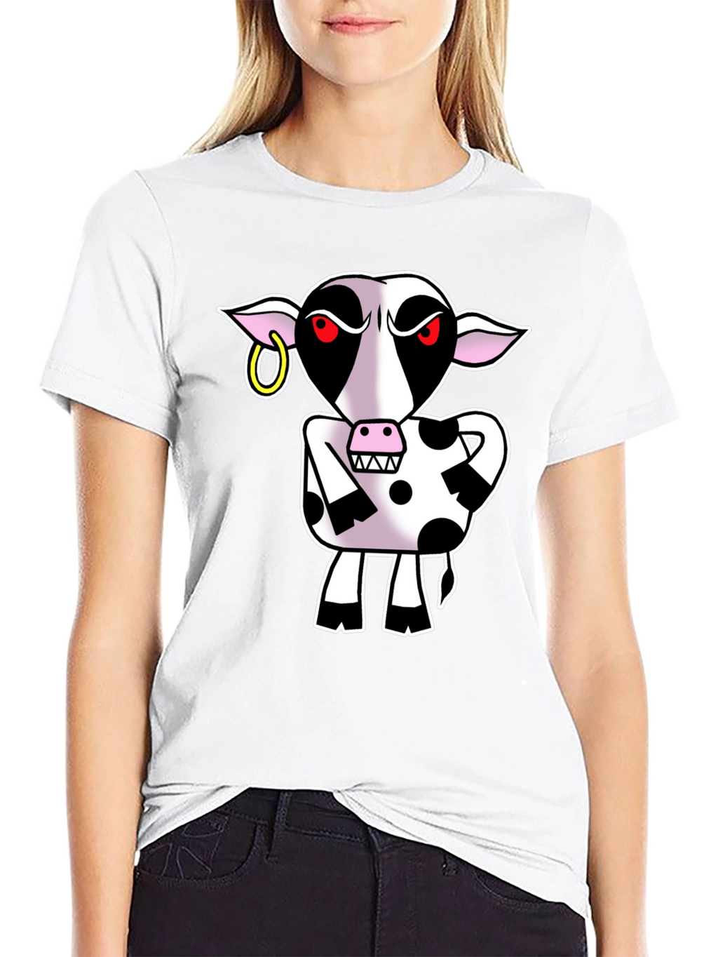 Cartoon Cow Graphic Tee - Black Cotton T-Shirt
