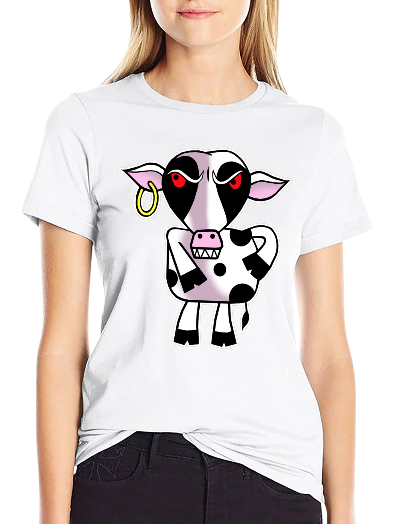 Cartoon Cow Graphic Tee - Black Cotton T-Shirt