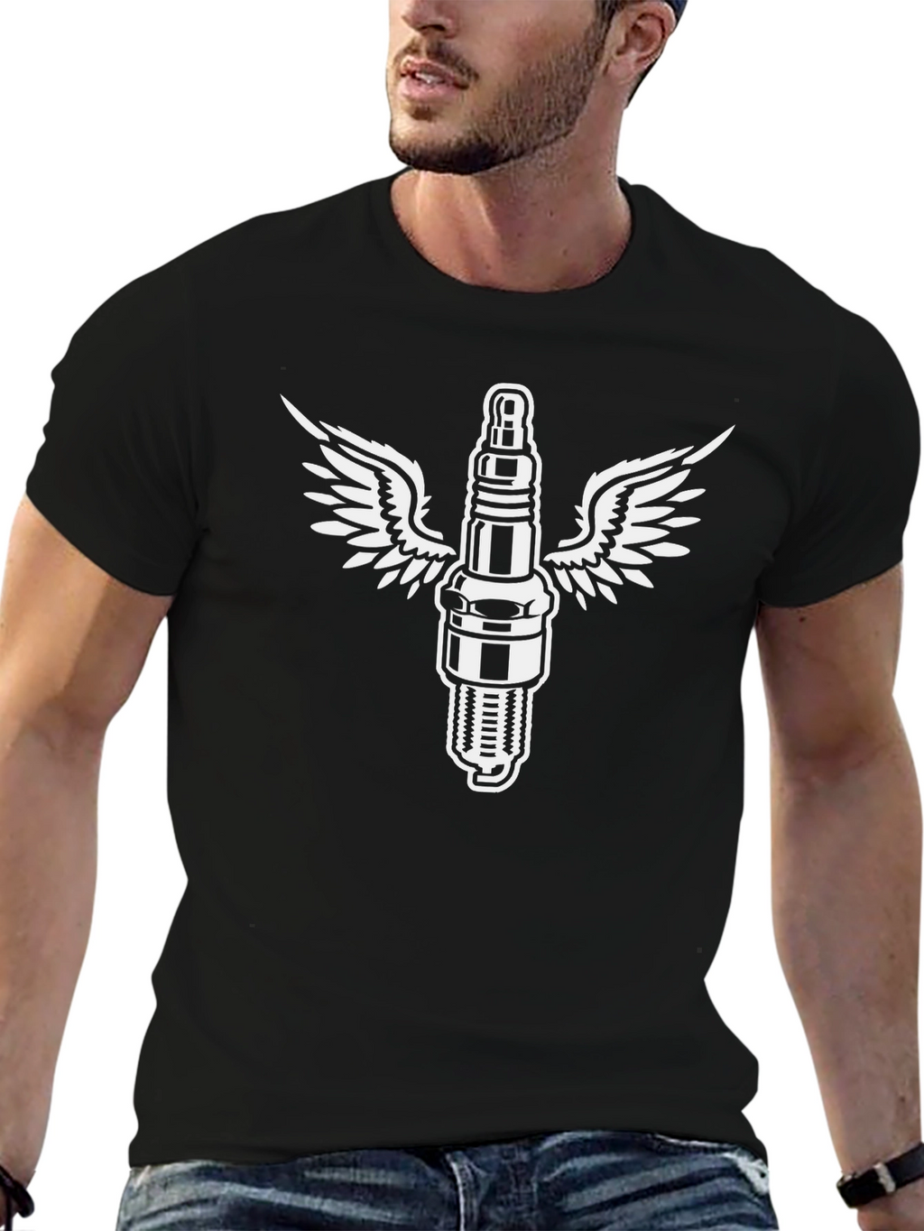 Winged Spark Plug Graphic T-Shirt - Black